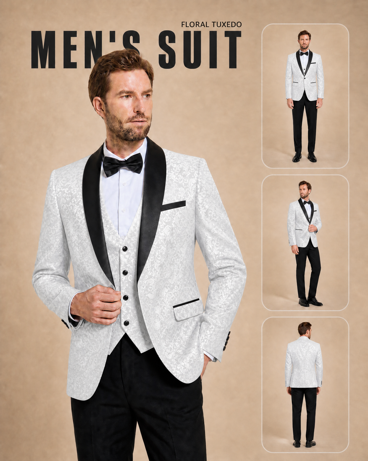 Men's Slim Fit Jacquard Tuxedo 3 Piece Suit