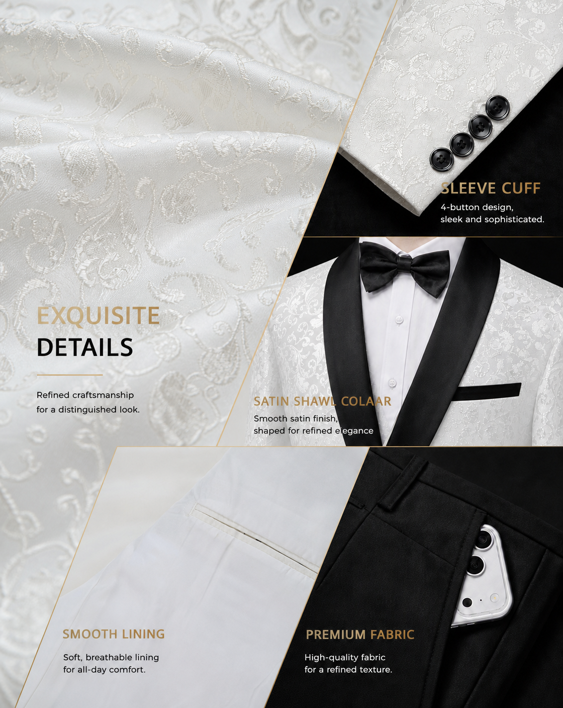 Men's Slim Fit Jacquard Tuxedo 3 Piece Suit