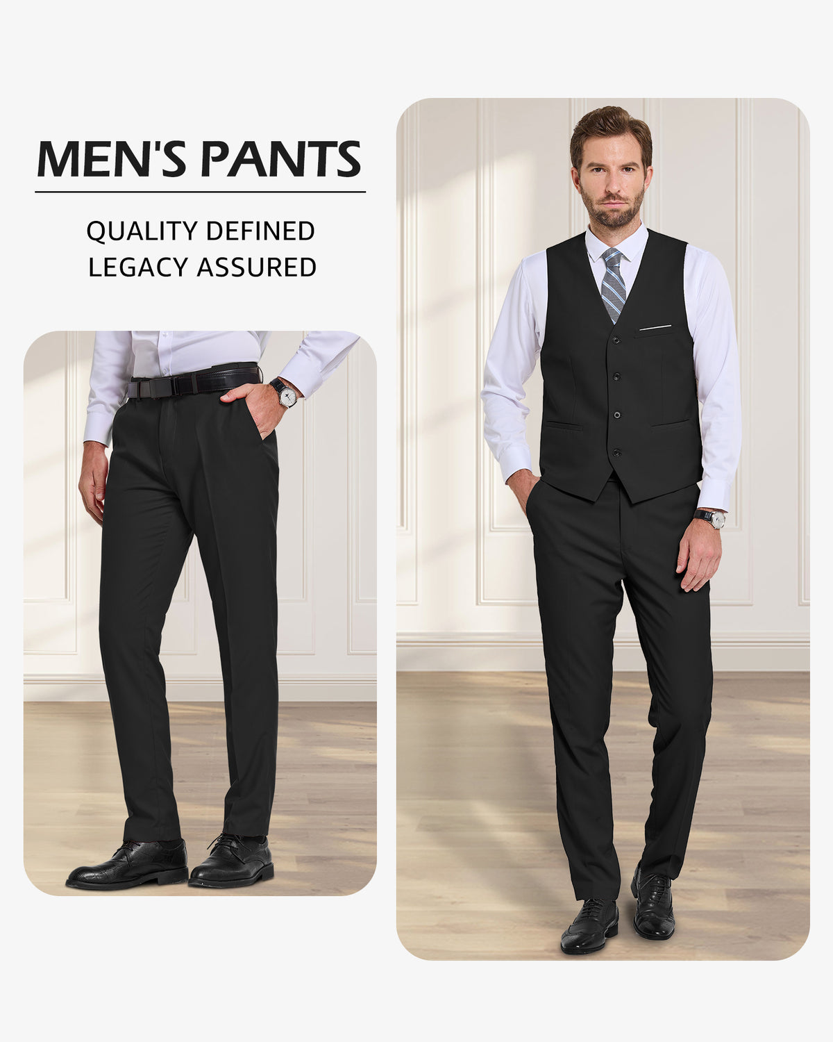 two-button suit jacket with a matching vest and pants