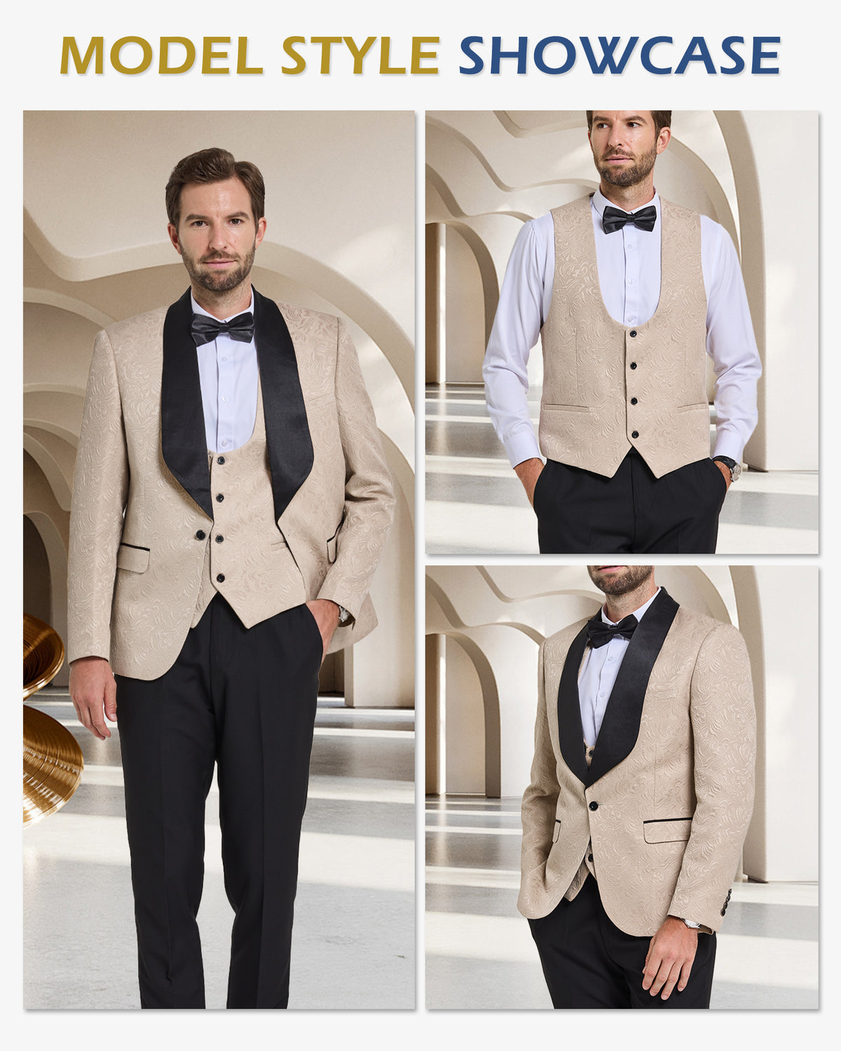 one-button jacquard tuxedo jacket, matching vest, and pants