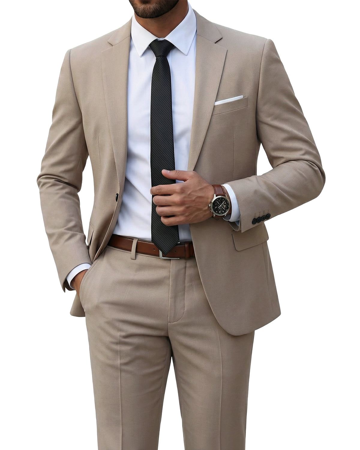 one-button suit jacket paired with a pair of pants