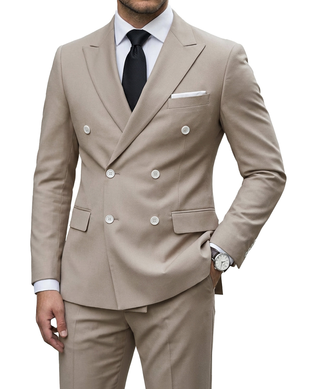 YND Men's 2 Piece Suit, Double Breasted Slim Fit Jacket Pants Set and Tie