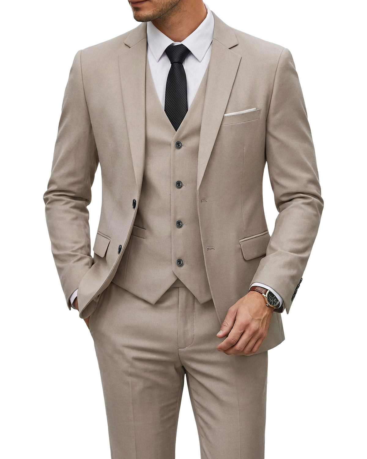 two-button suit jacket with a matching vest and pants