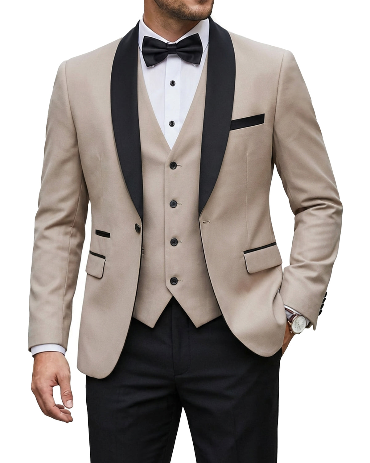 one-button jacket, matching vest, and pants.