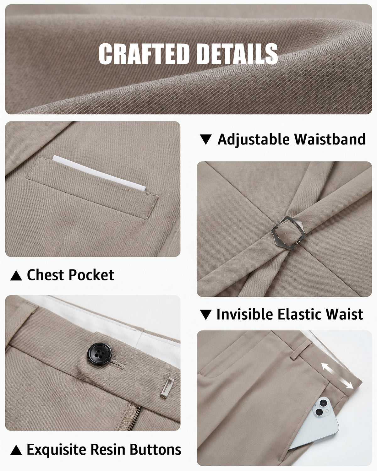 A sleeveless vest with 4 buttons, and two functional waist pockets. The pants have 4 pockets and come with an additional tie