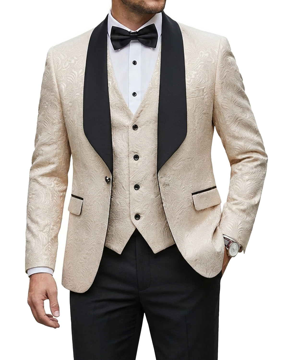one-button jacquard tuxedo jacket, matching vest, and pants