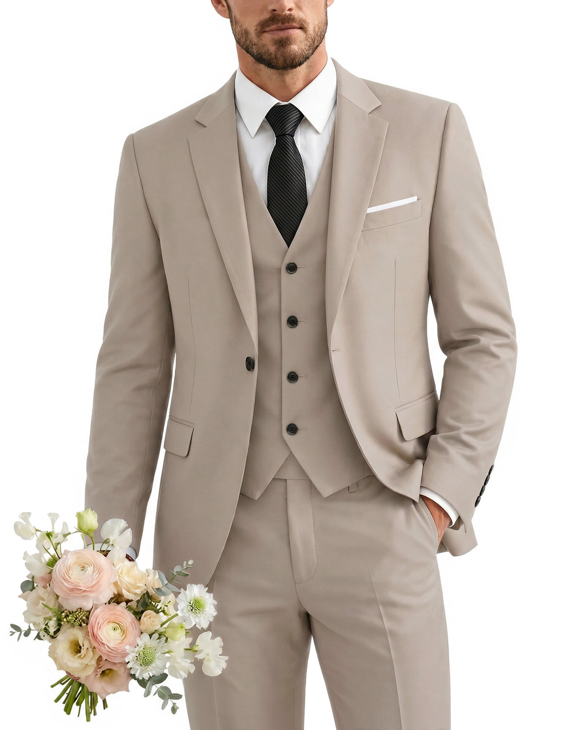 one-button suit includes a jacket, vest, pants