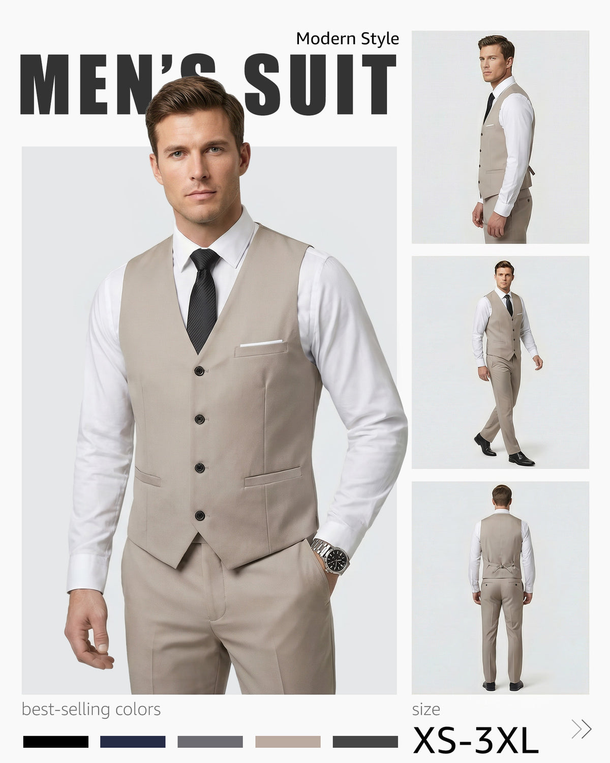 A sleeveless vest with 4 buttons, and two functional waist pockets. The pants have 4 pockets and come with an additional tie