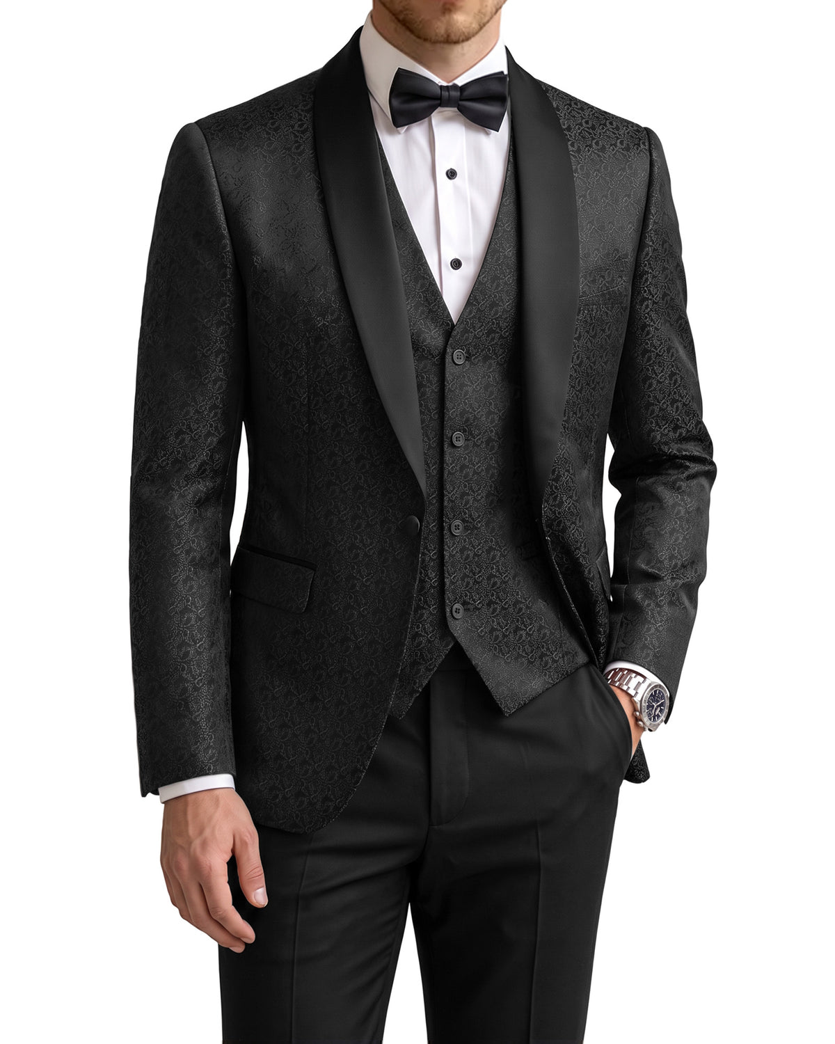 one-button jacket, matching vest, and pants