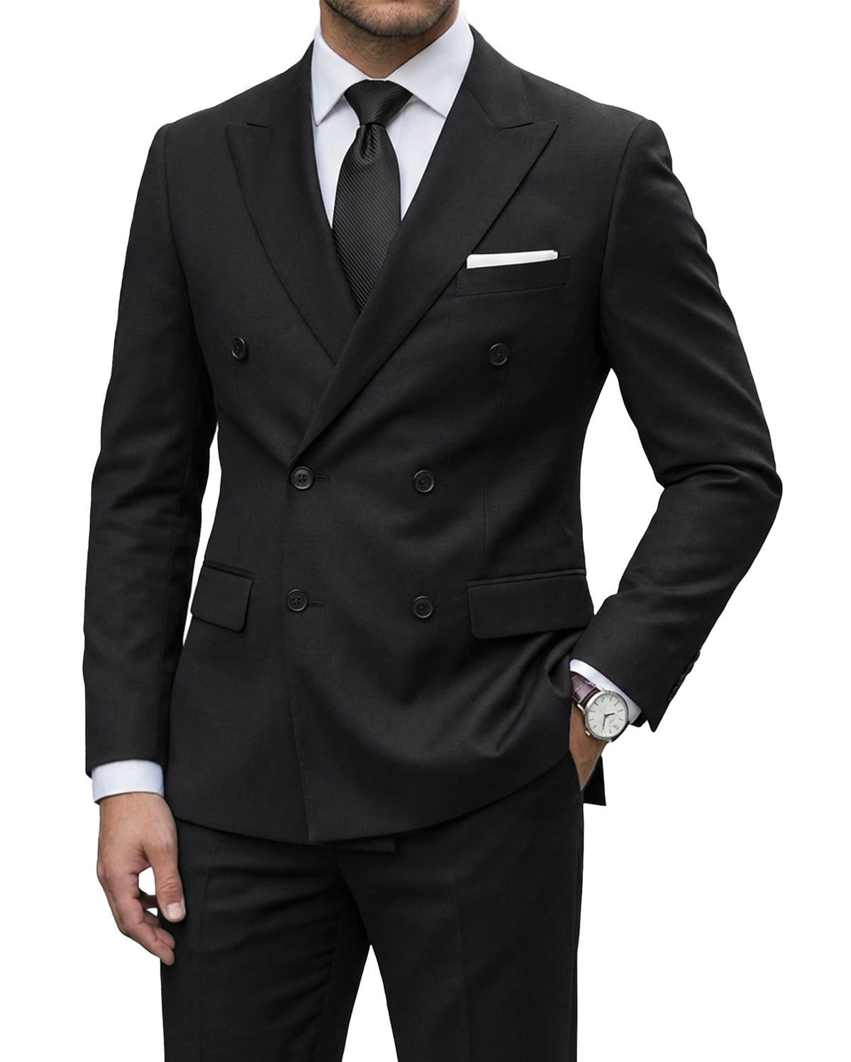 double-breasted suit jacket paired with a pair of pants