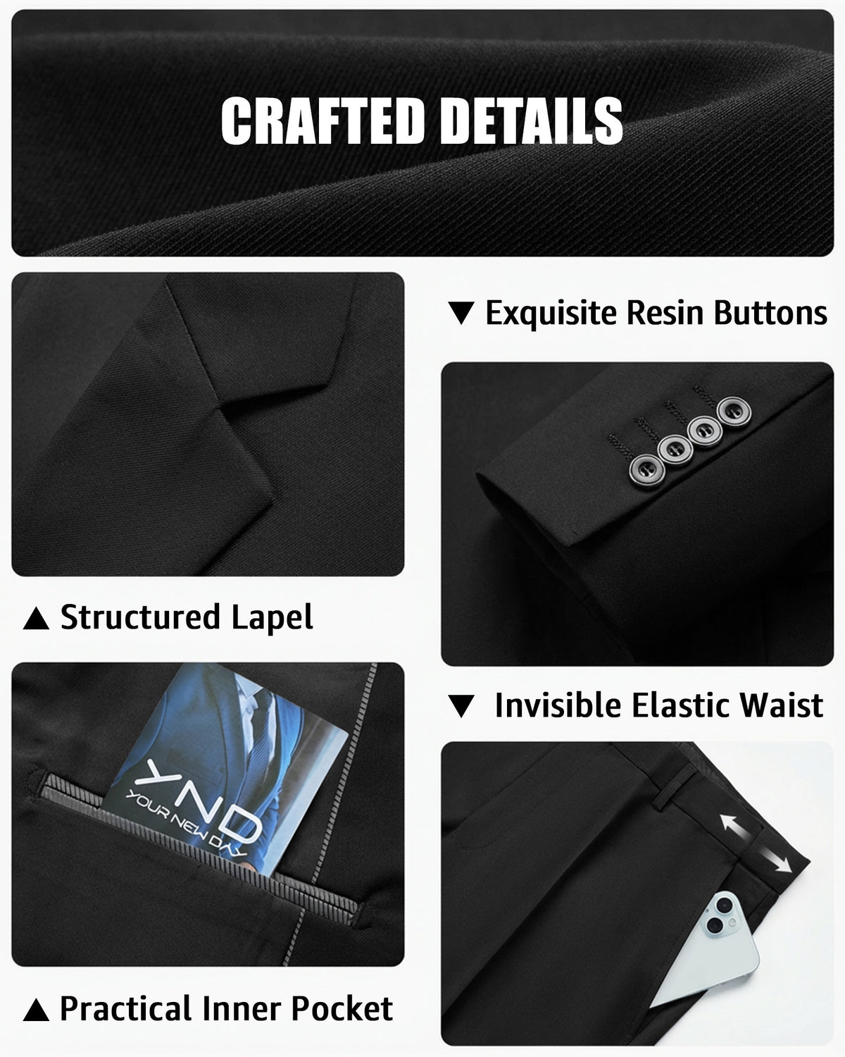 one-button suit includes a jacket, vest, pants
