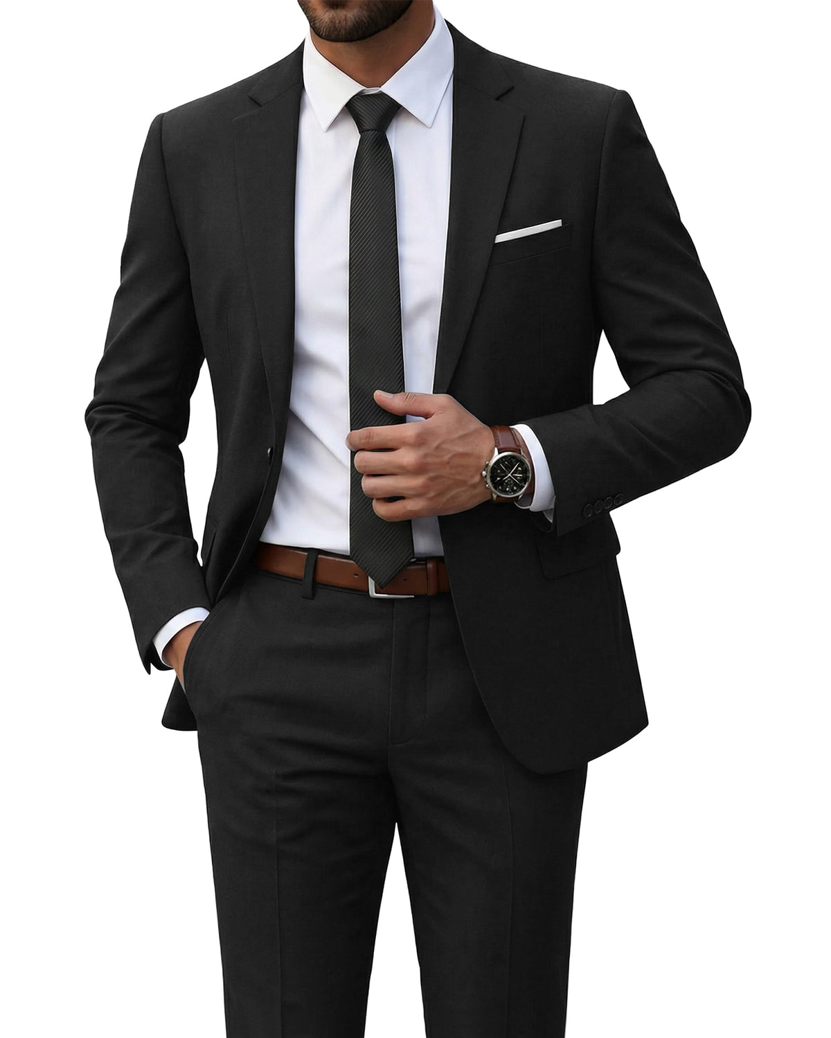 one-button suit jacket paired with a pair of pants