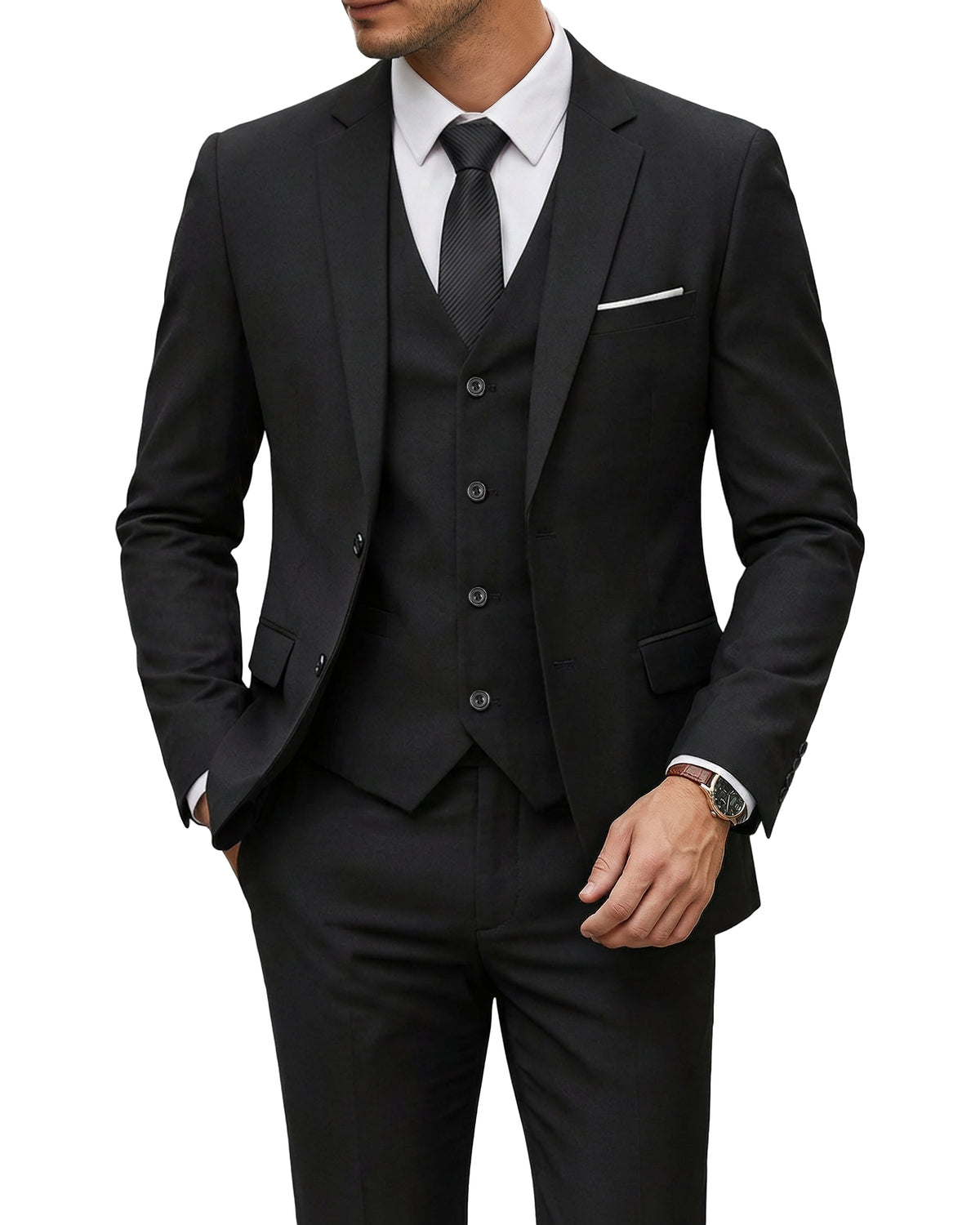 two-button suit jacket with a matching vest and pants