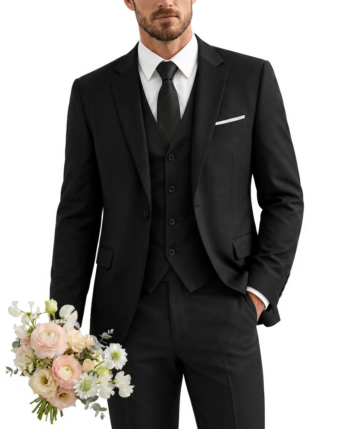 one-button suit includes a jacket, vest, pants