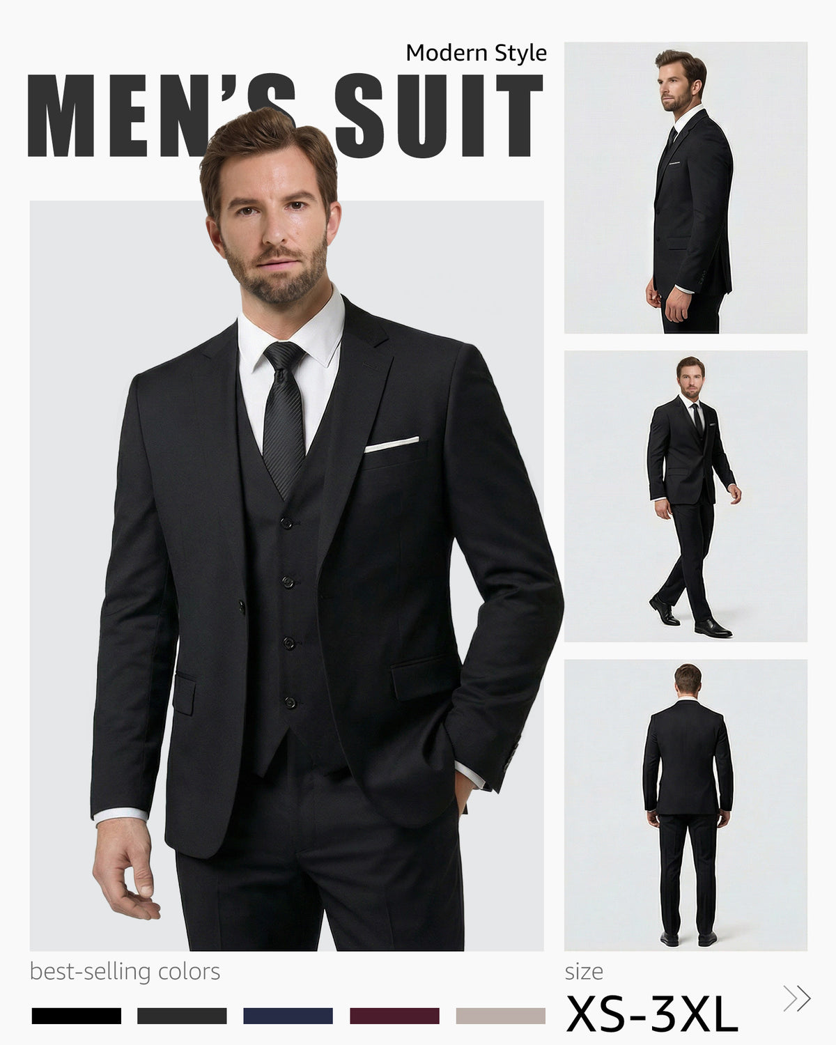 one-button suit includes a jacket, vest, pants