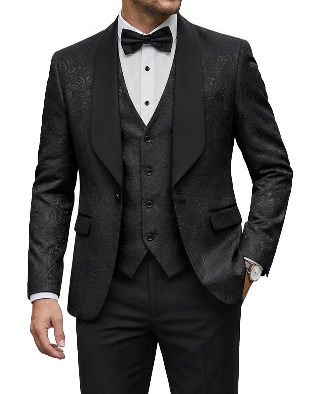 one-button jacquard tuxedo jacket, matching vest, and pants
