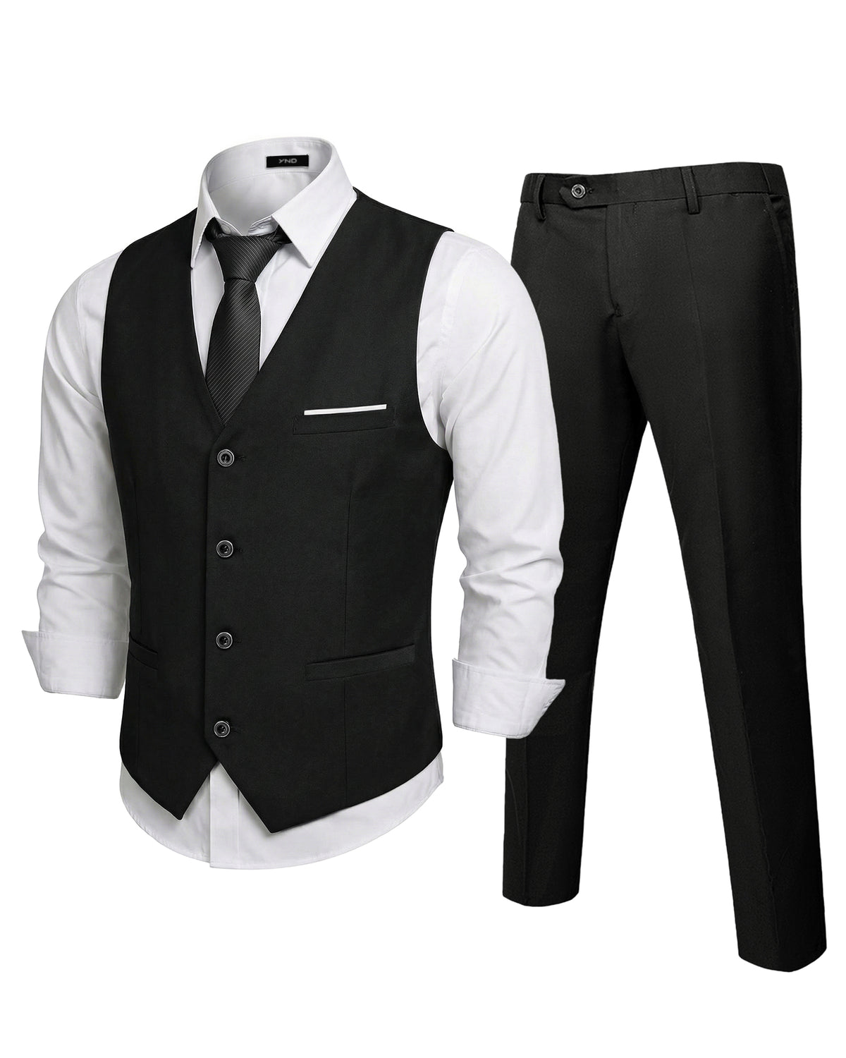 A sleeveless vest with 4 buttons, and two functional waist pockets. The pants have 4 pockets and come with an additional tie