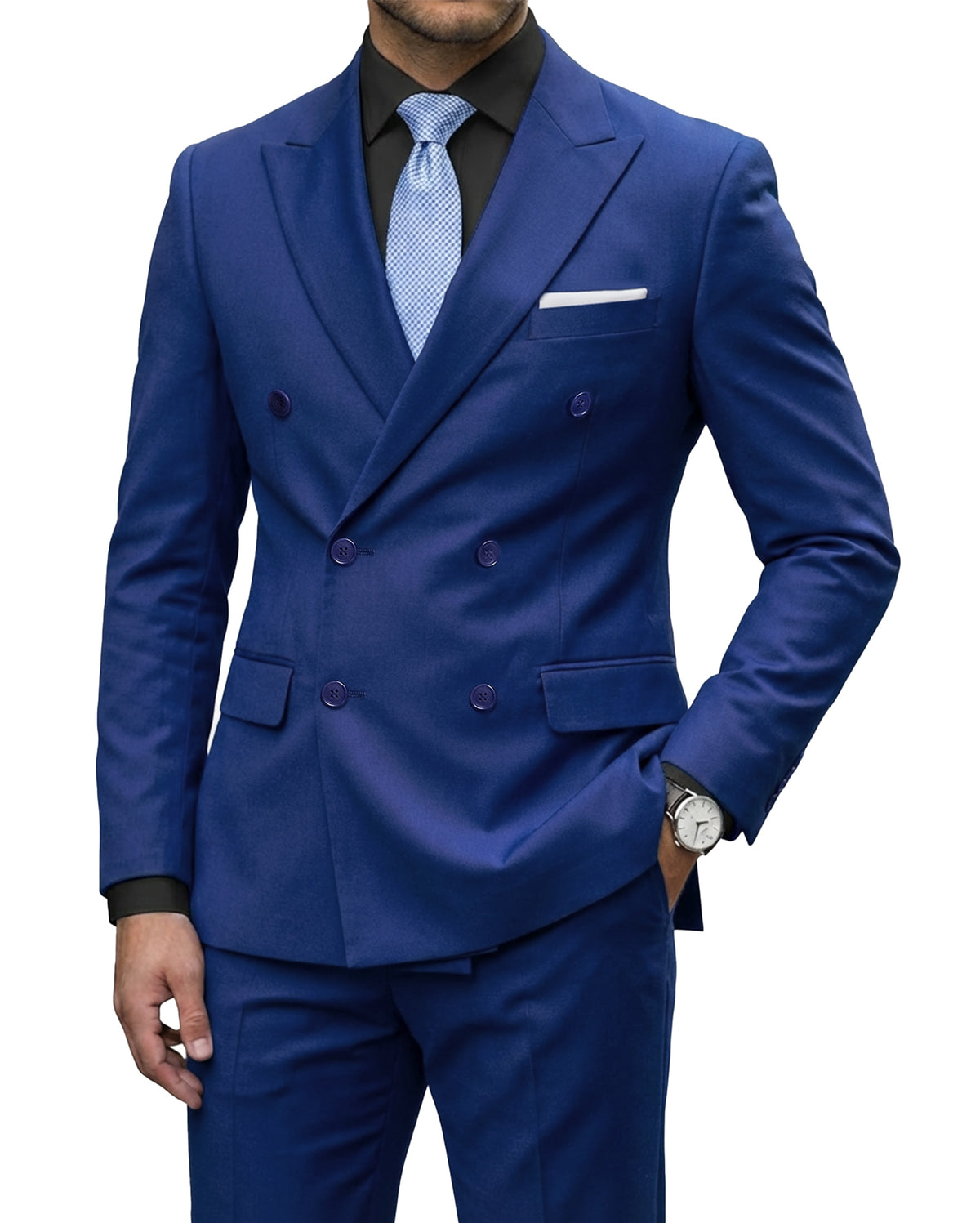double-breasted suit jacket paired with a pair of pants