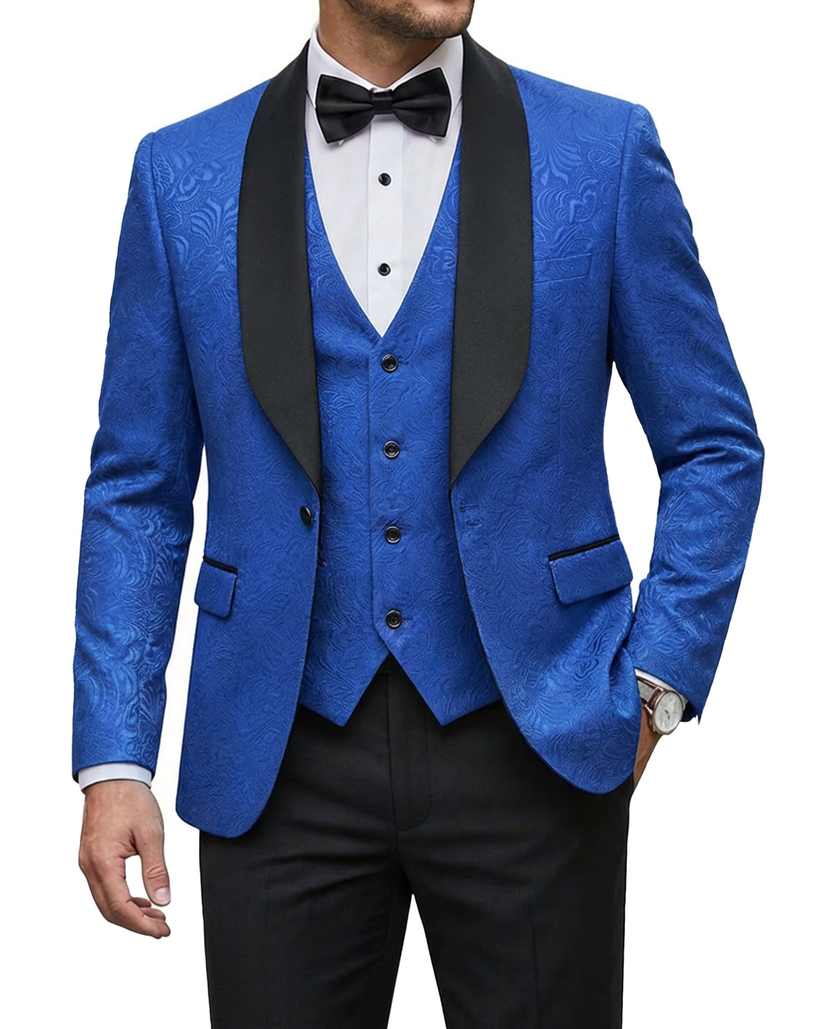 one-button jacquard tuxedo jacket, matching vest, and pants