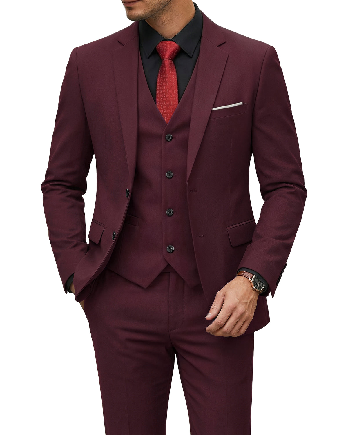 two-button suit jacket with a matching vest and pants