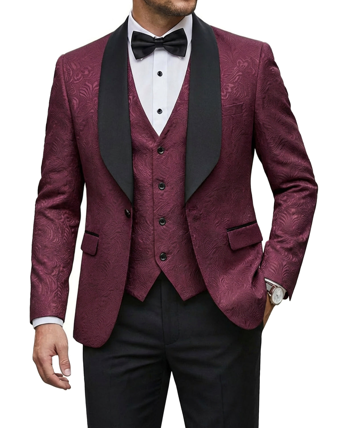 one-button jacquard tuxedo jacket, matching vest, and pants