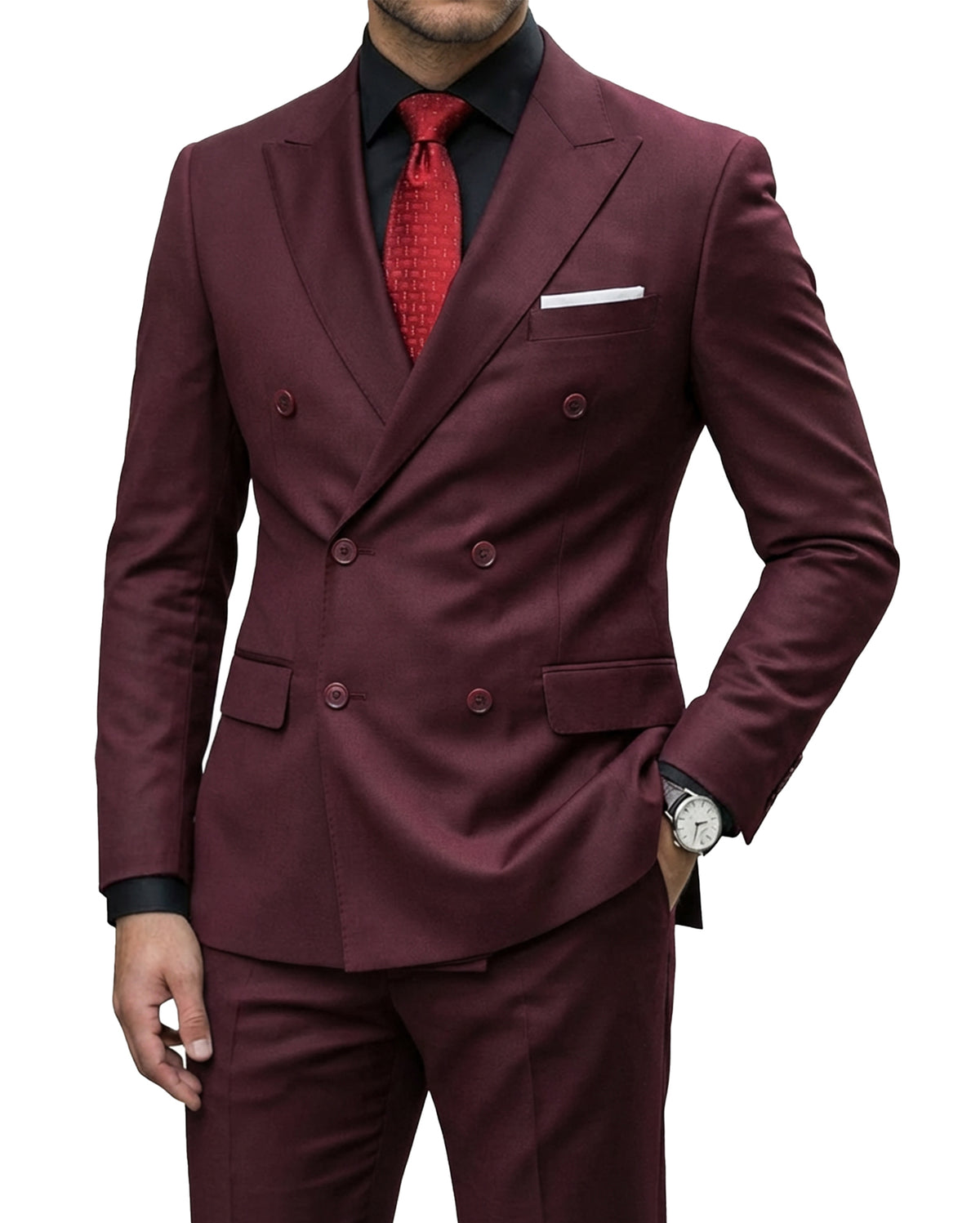 double-breasted suit jacket paired with a pair of pants