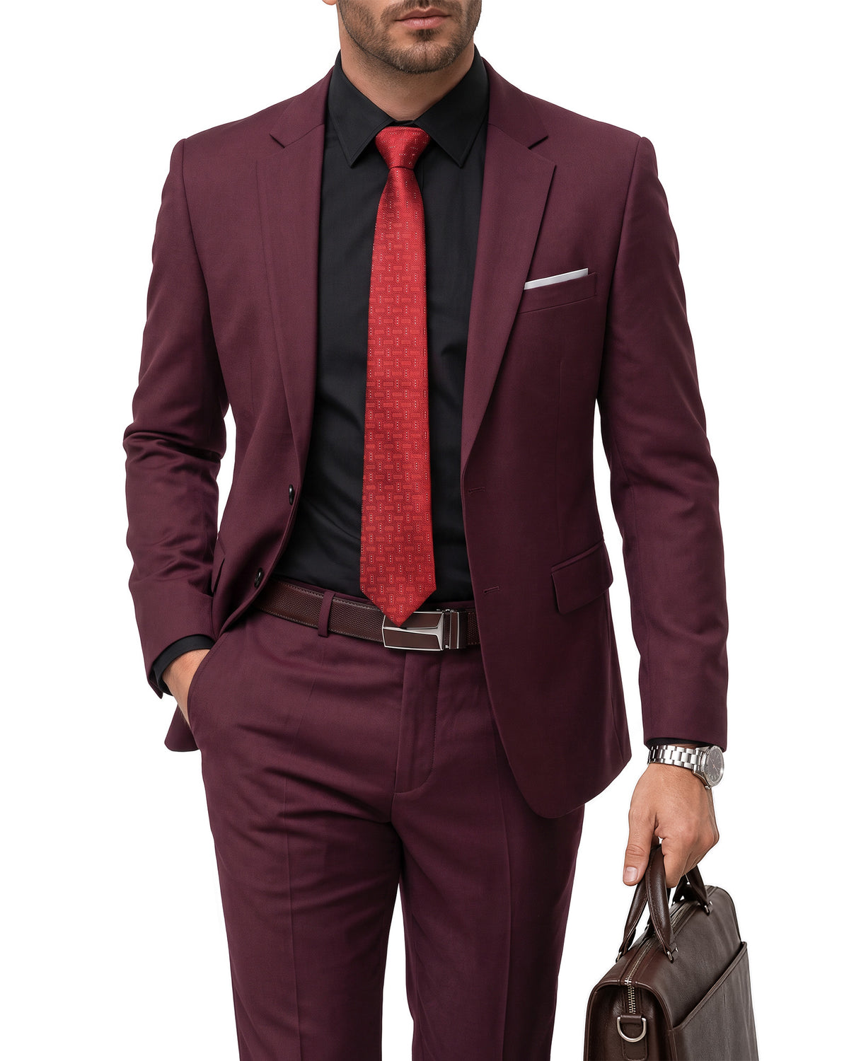 two-button suit jacket paired with a pair of pants