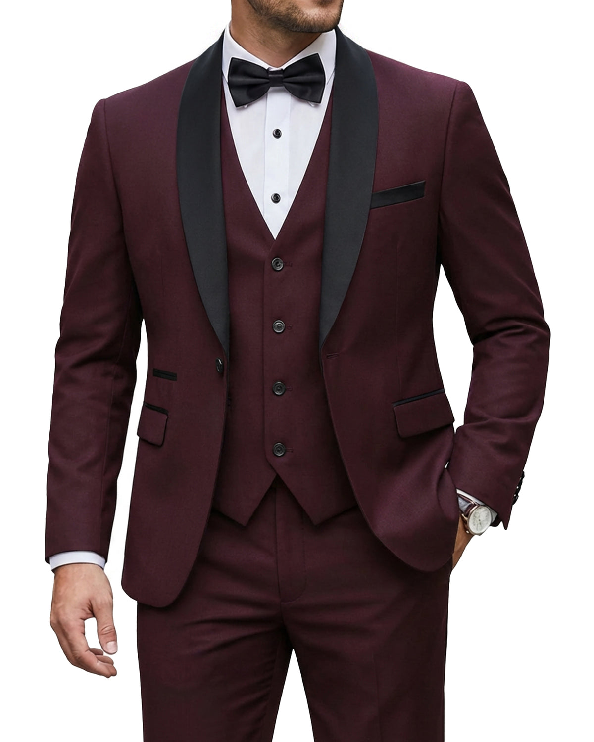 one-button jacket, matching vest, and pants.