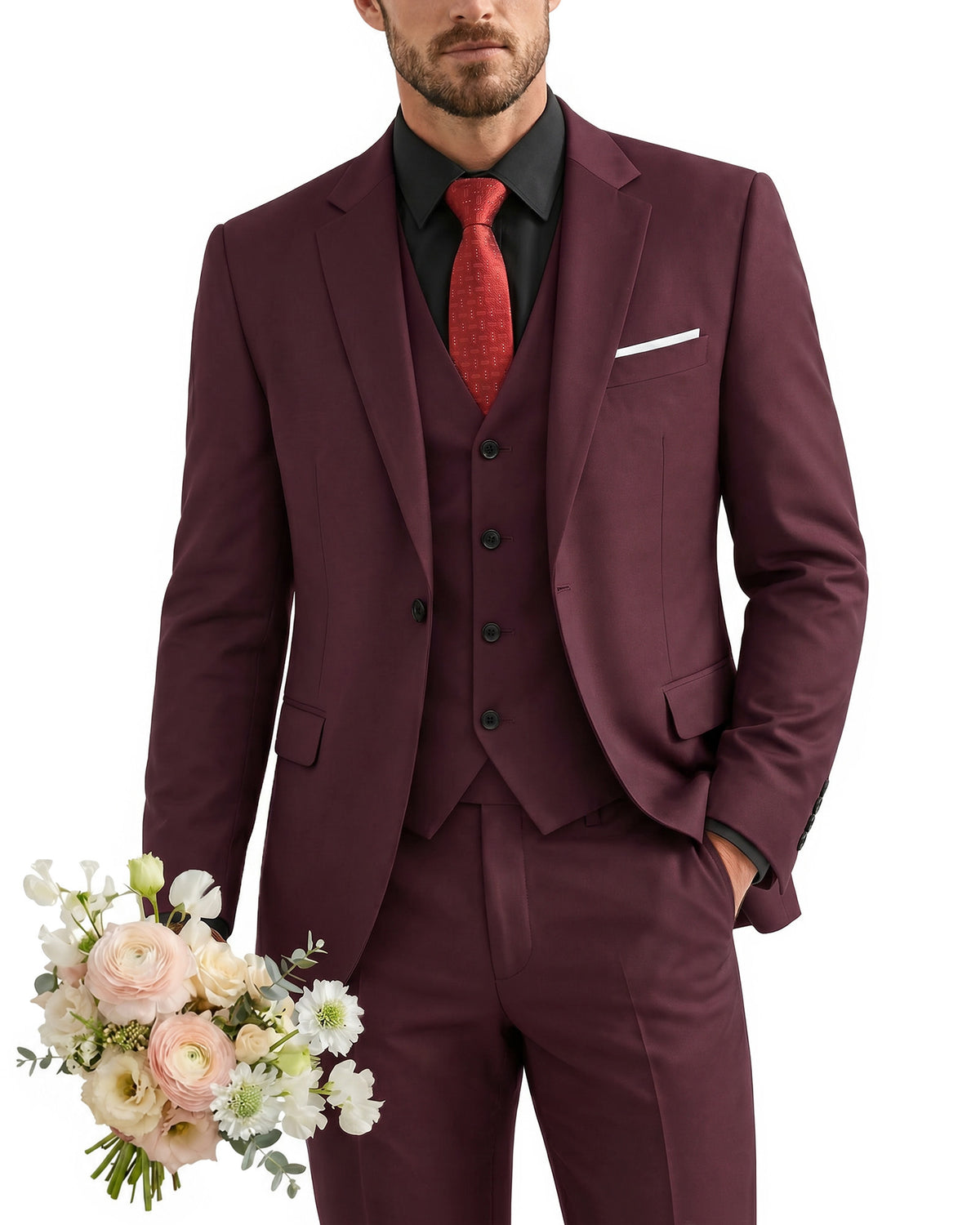 one-button suit includes a jacket, vest, pants