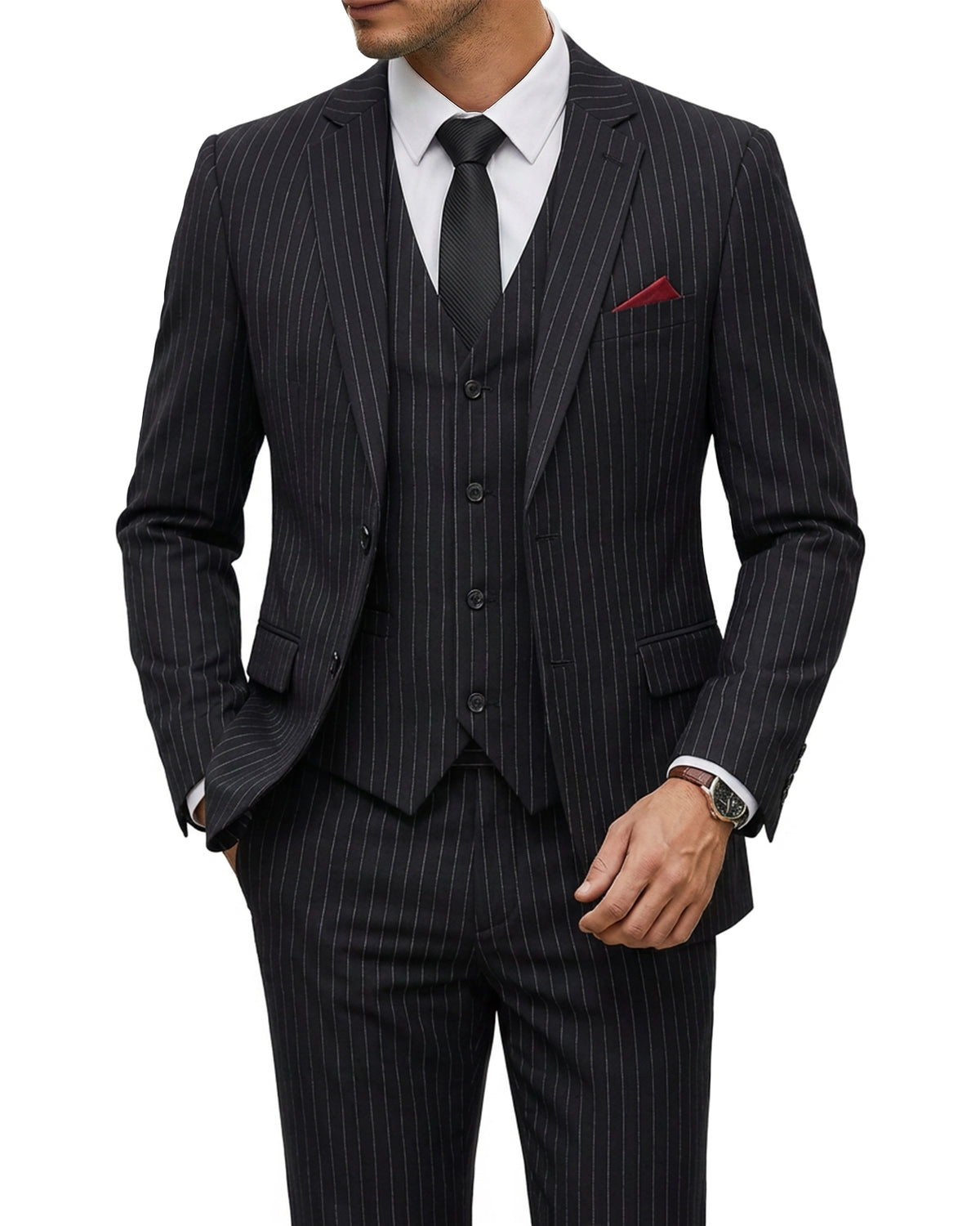 two-button suit jacket with a matching vest and pants