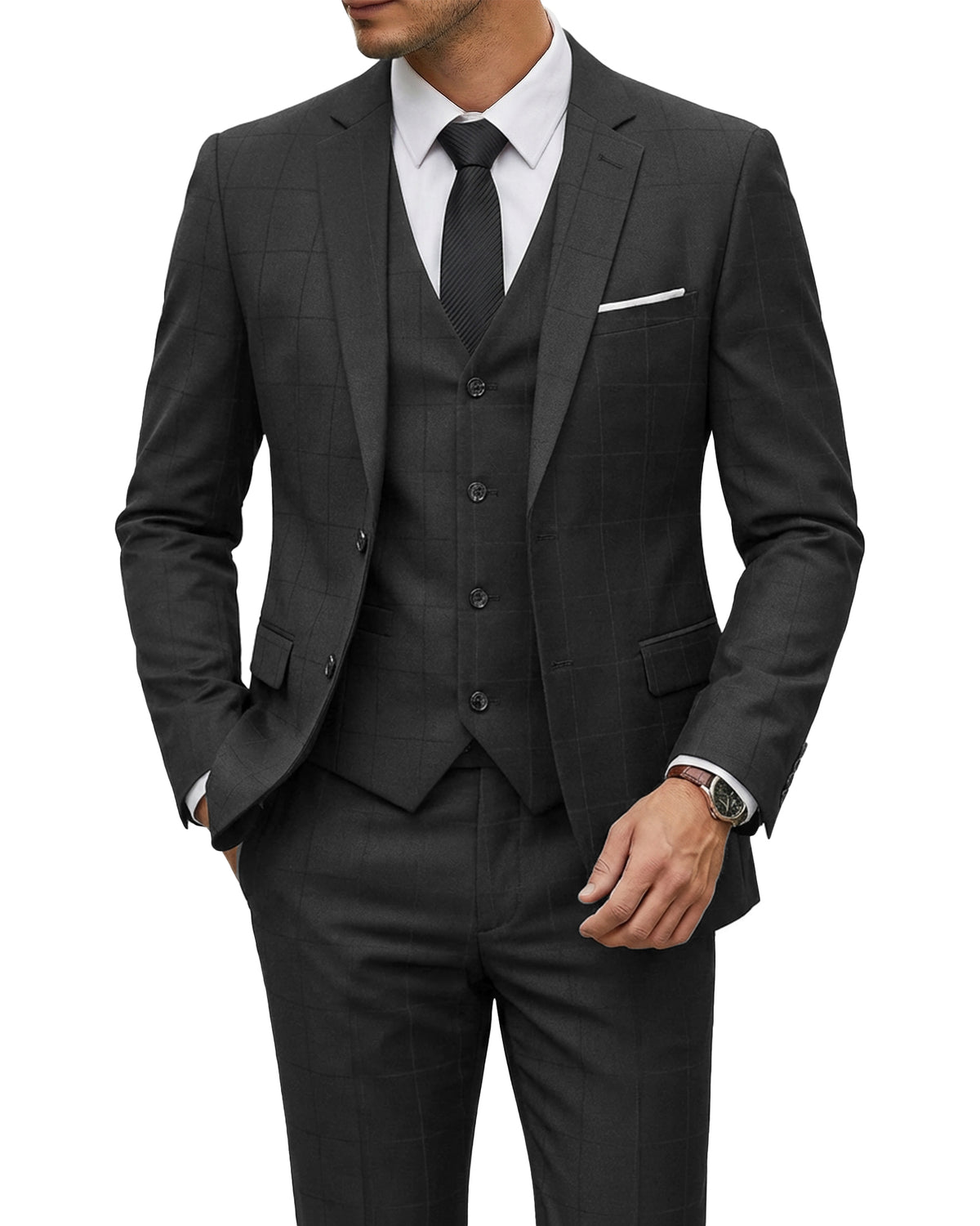 two-button suit jacket with a matching vest and pants