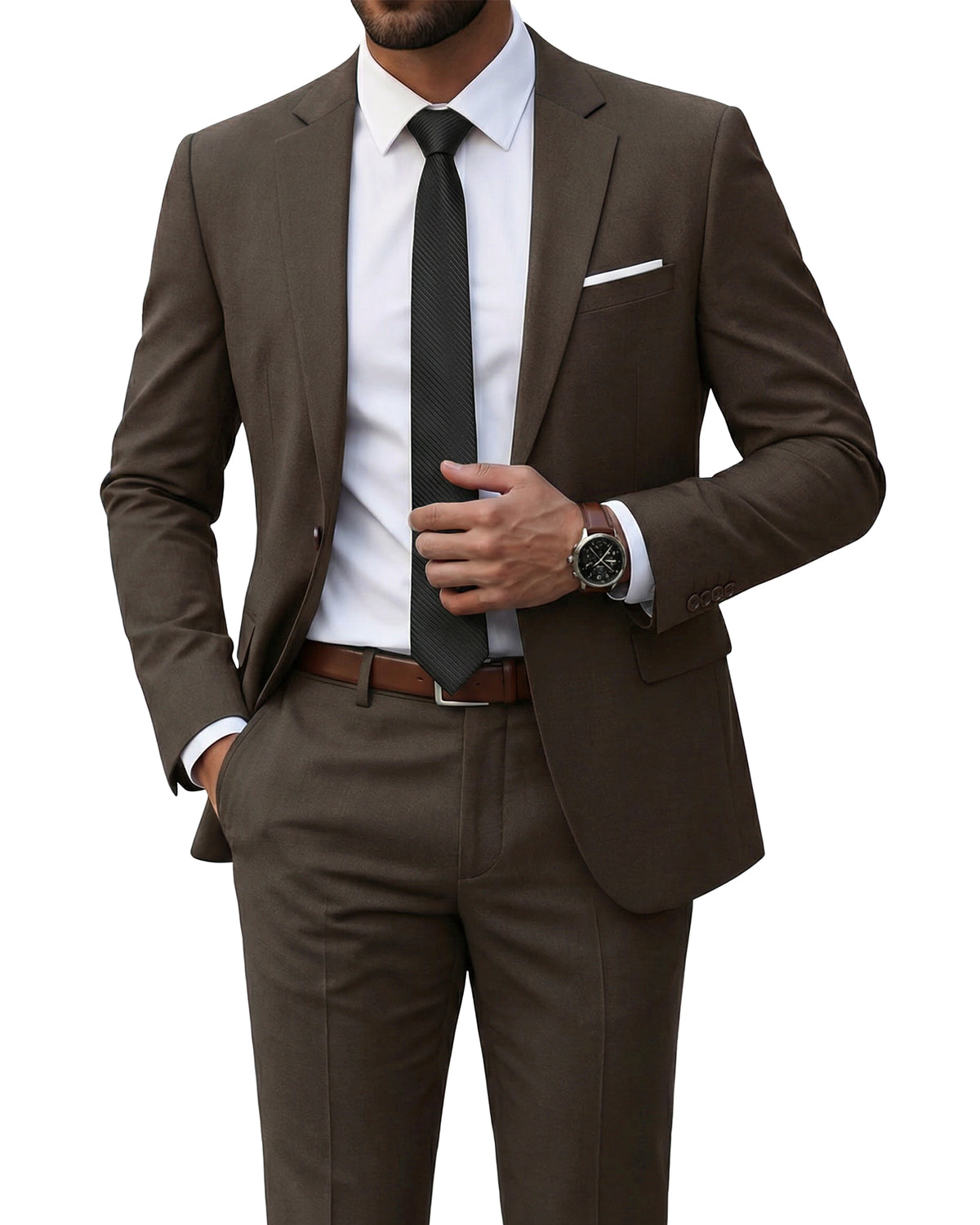 one-button suit jacket paired with a pair of pants
