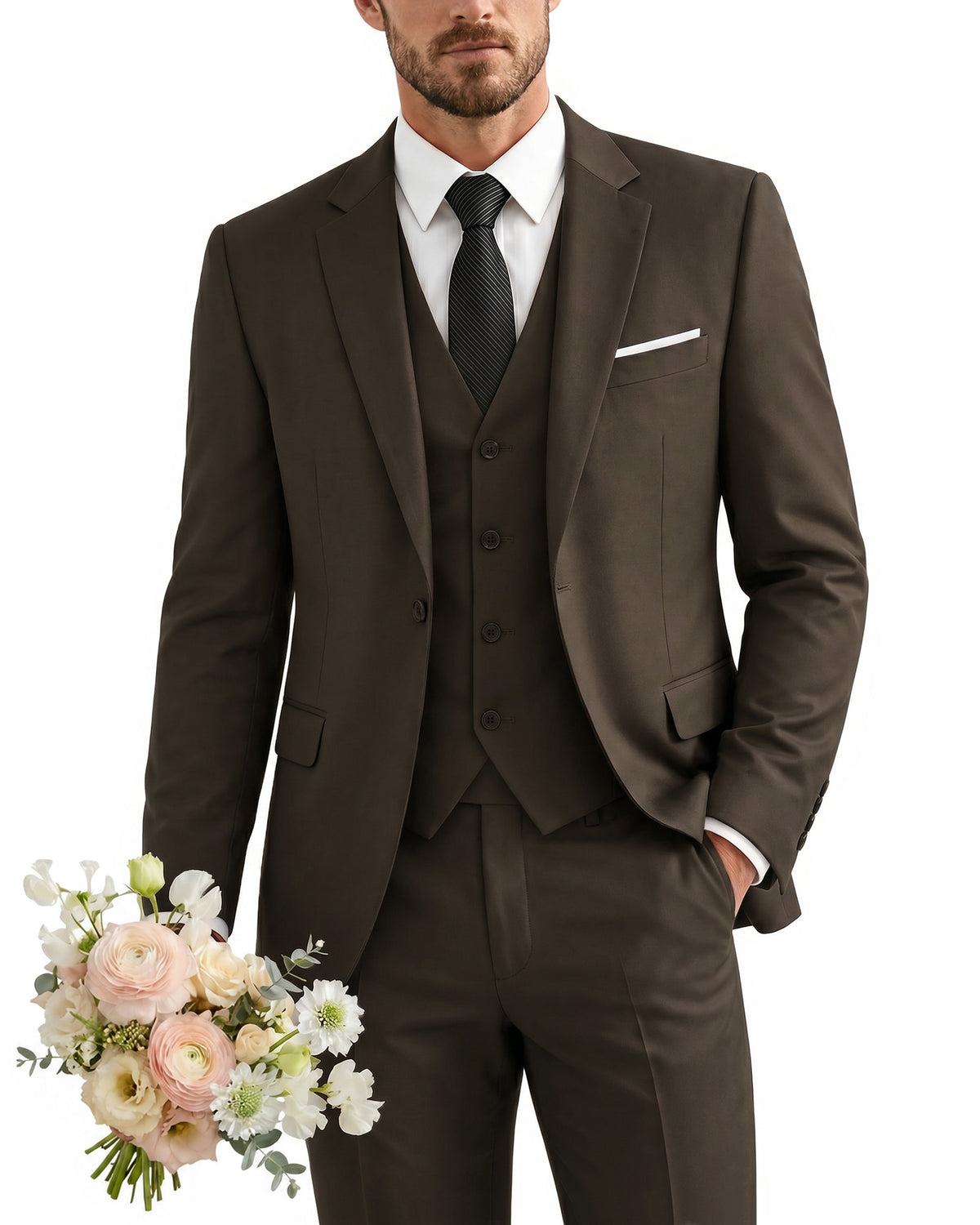 one-button suit includes a jacket, vest, pants