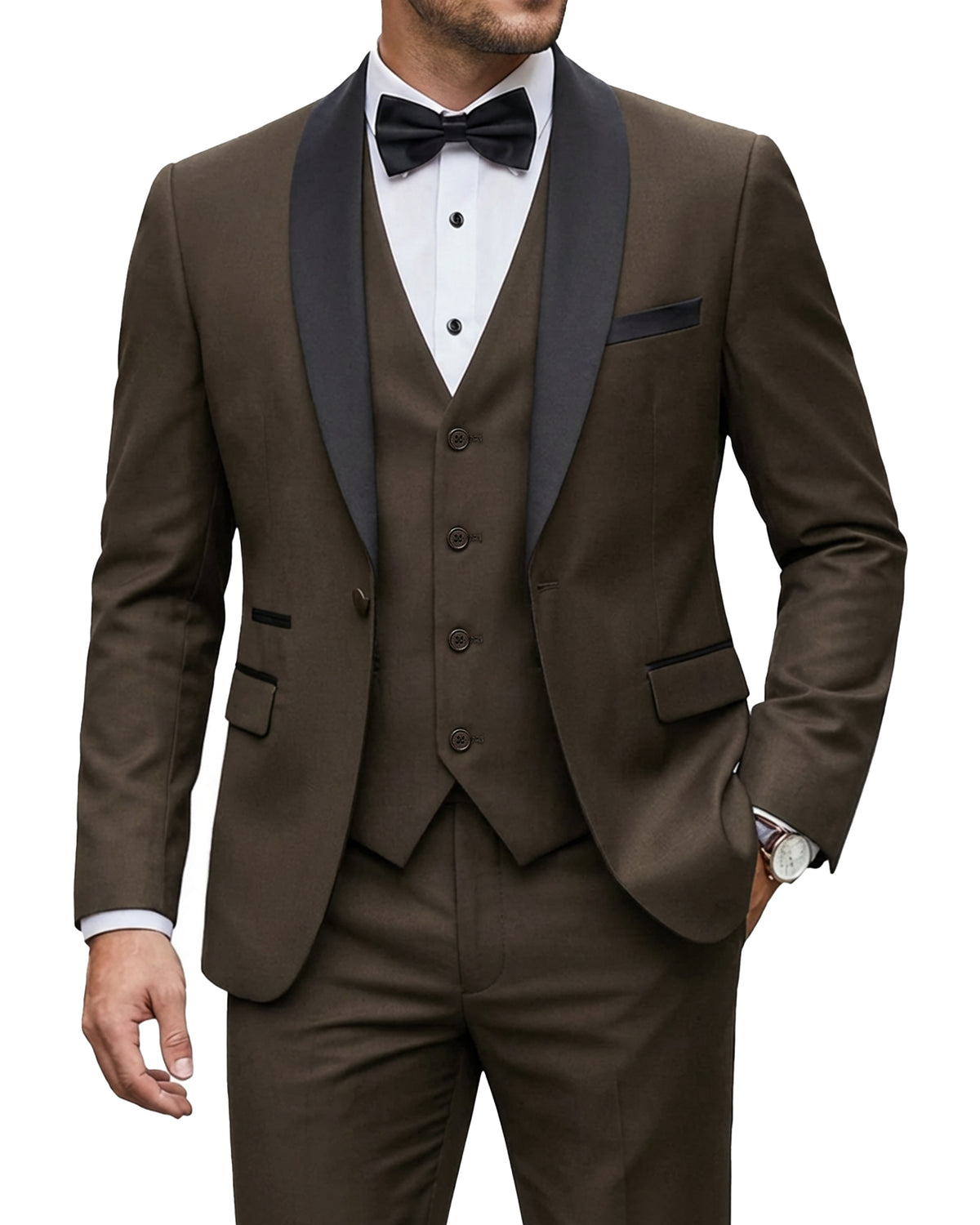 one-button jacket, matching vest, and pants.