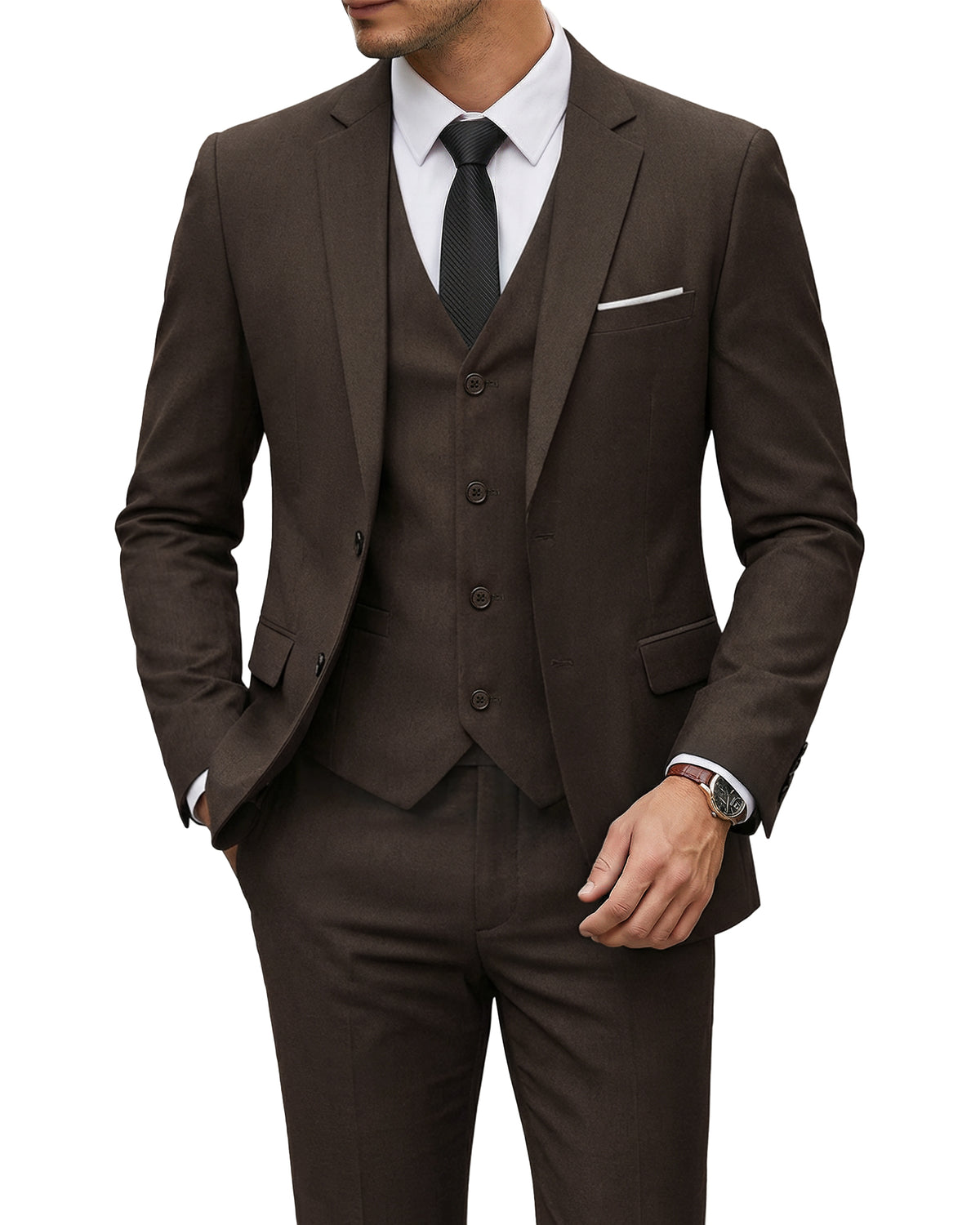 two-button suit jacket with a matching vest and pants