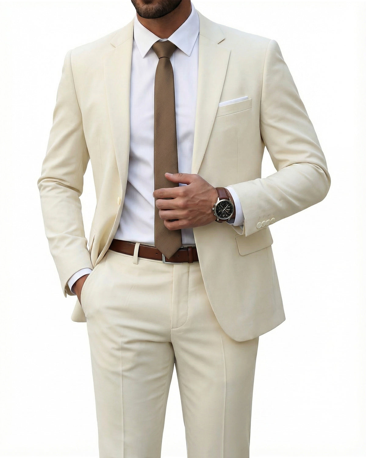 one-button suit jacket paired with a pair of pants