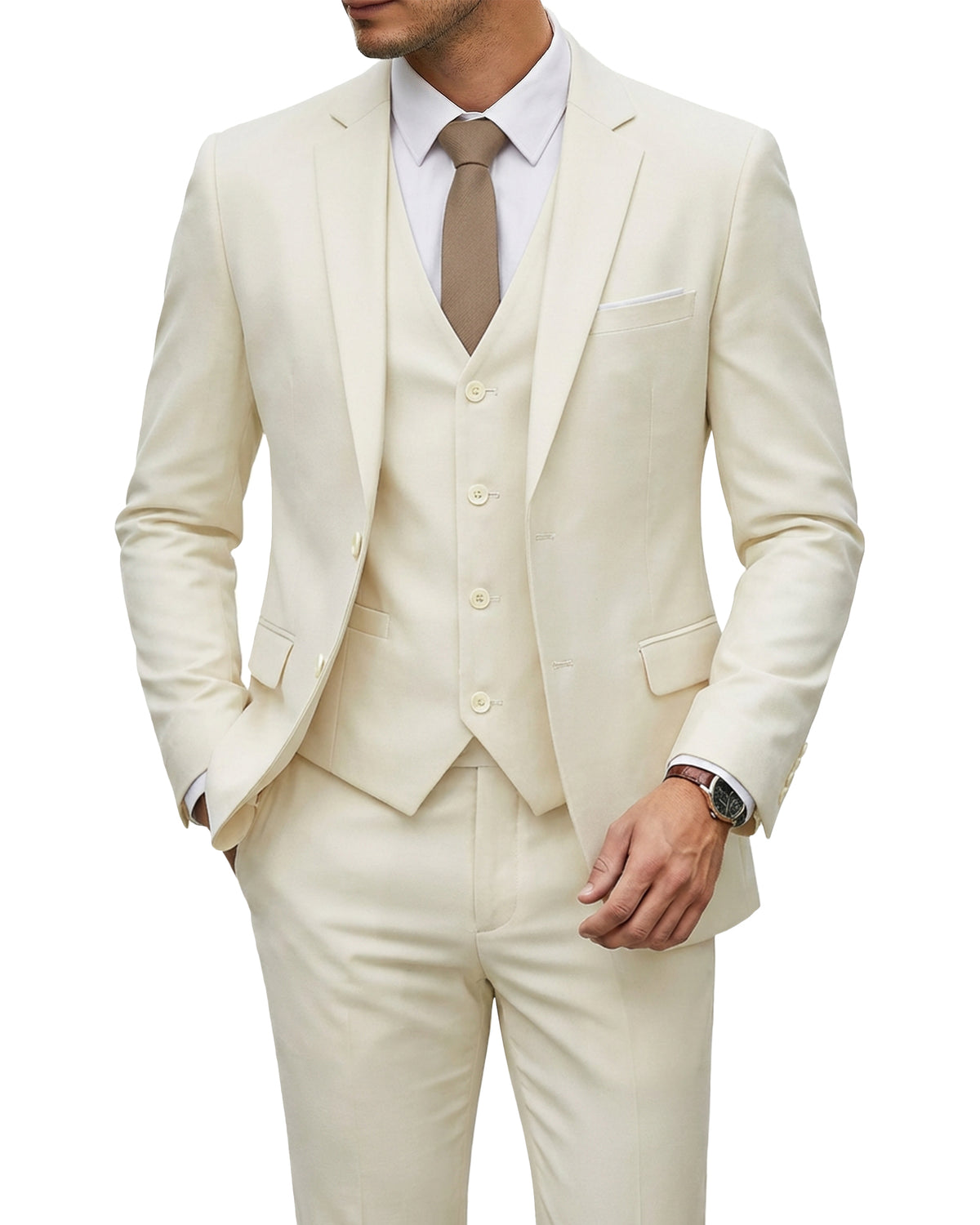 two-button suit jacket with a matching vest and pants