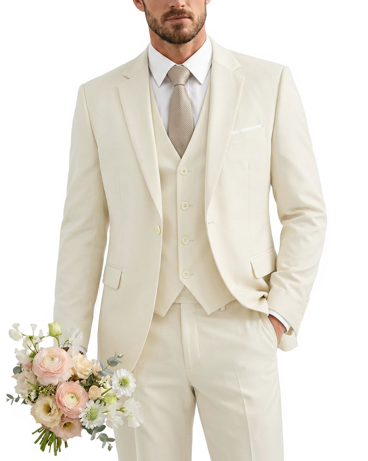 one-button suit includes a jacket, vest, pants