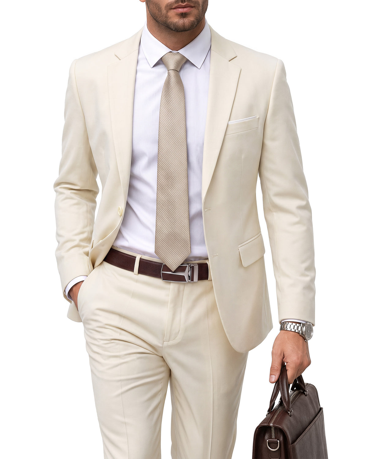 two-button suit jacket paired with a pair of pants
