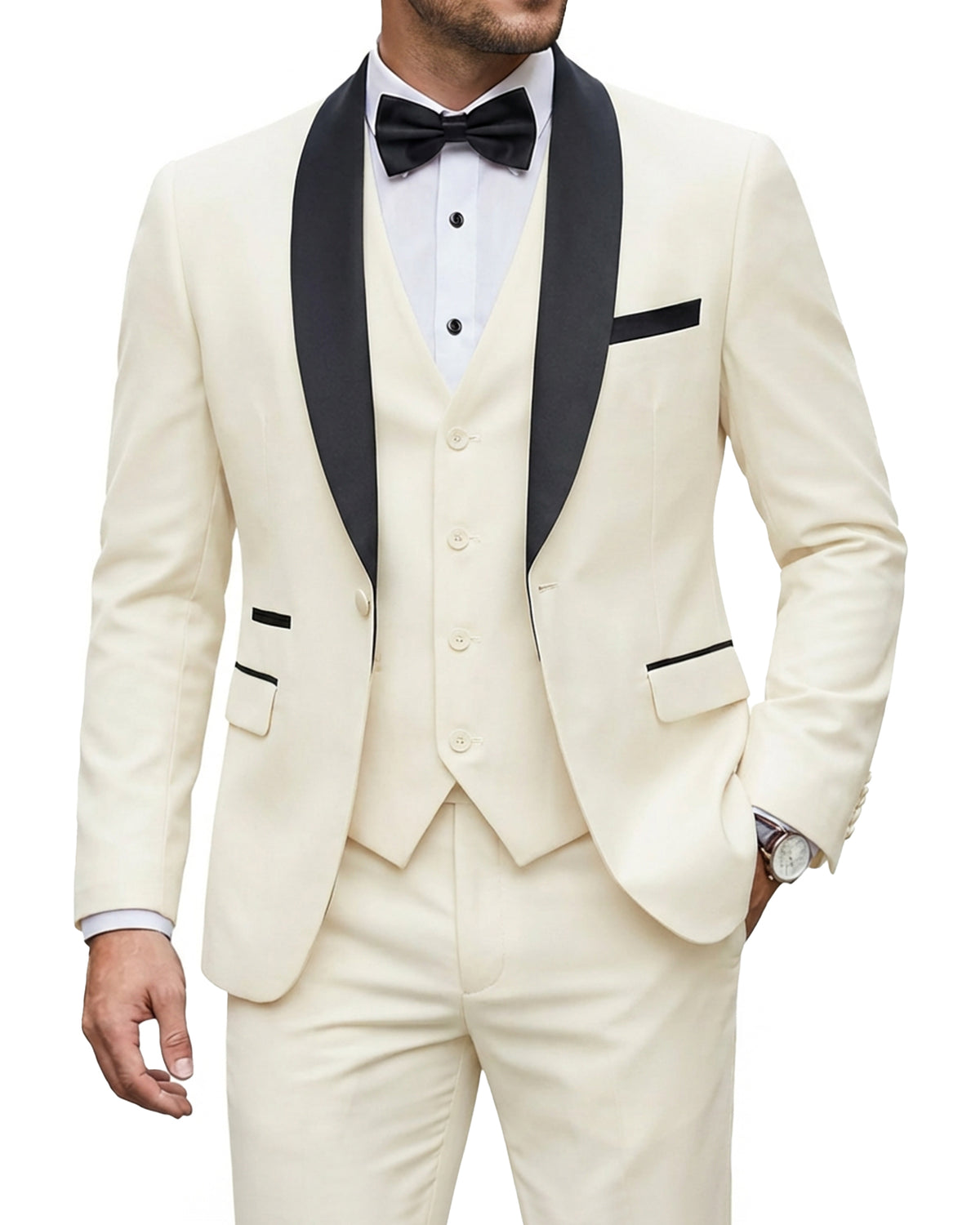 one-button jacket, matching vest, and pants.