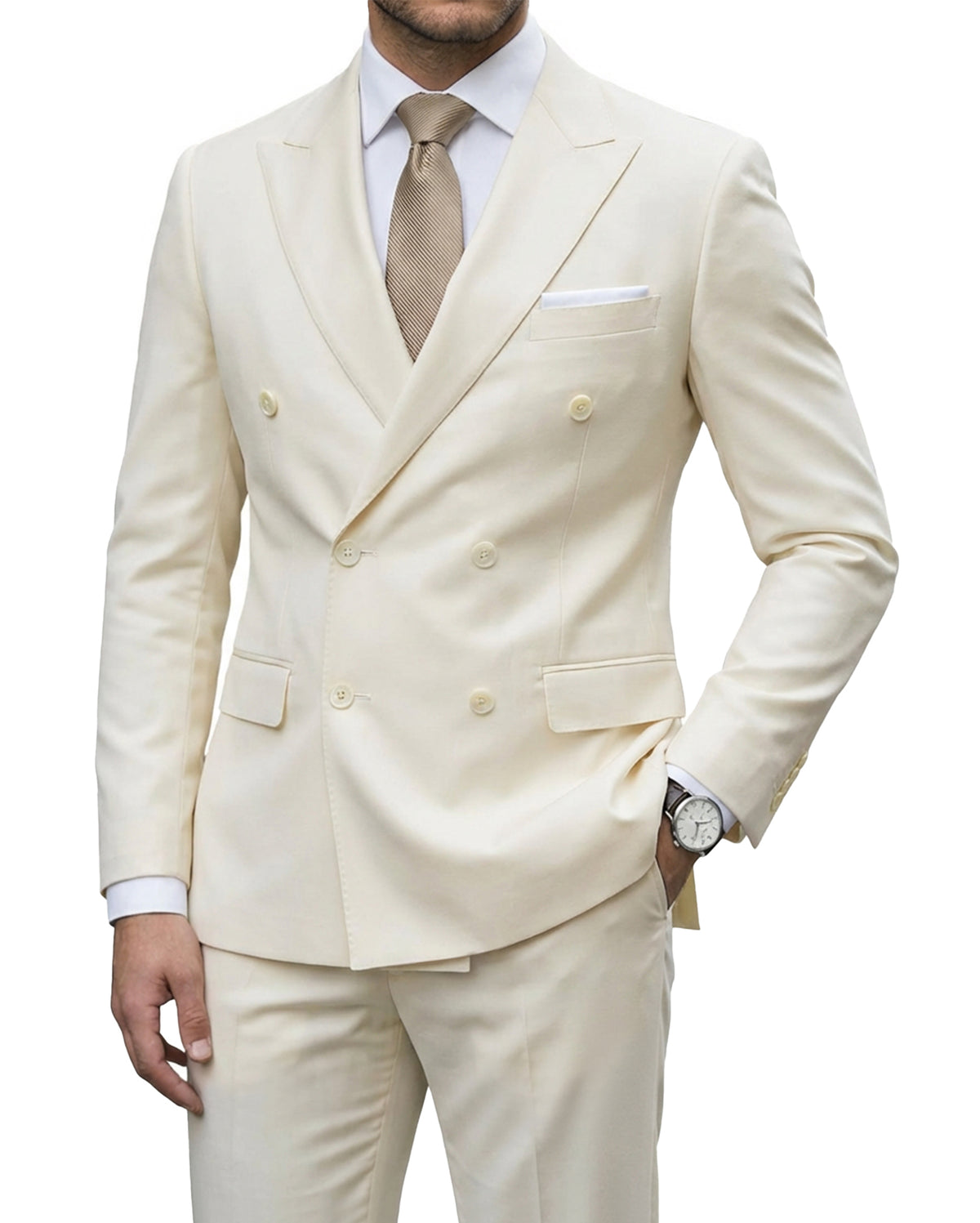 double-breasted suit jacket paired with a pair of pants