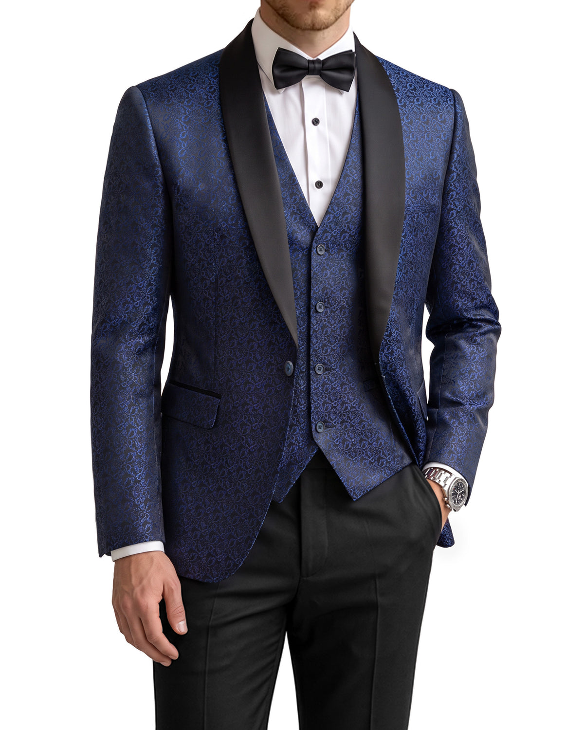 one-button jacket, matching vest, and pants