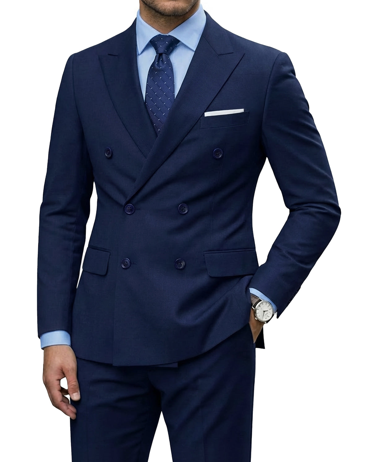 double-breasted suit jacket paired with a pair of pants