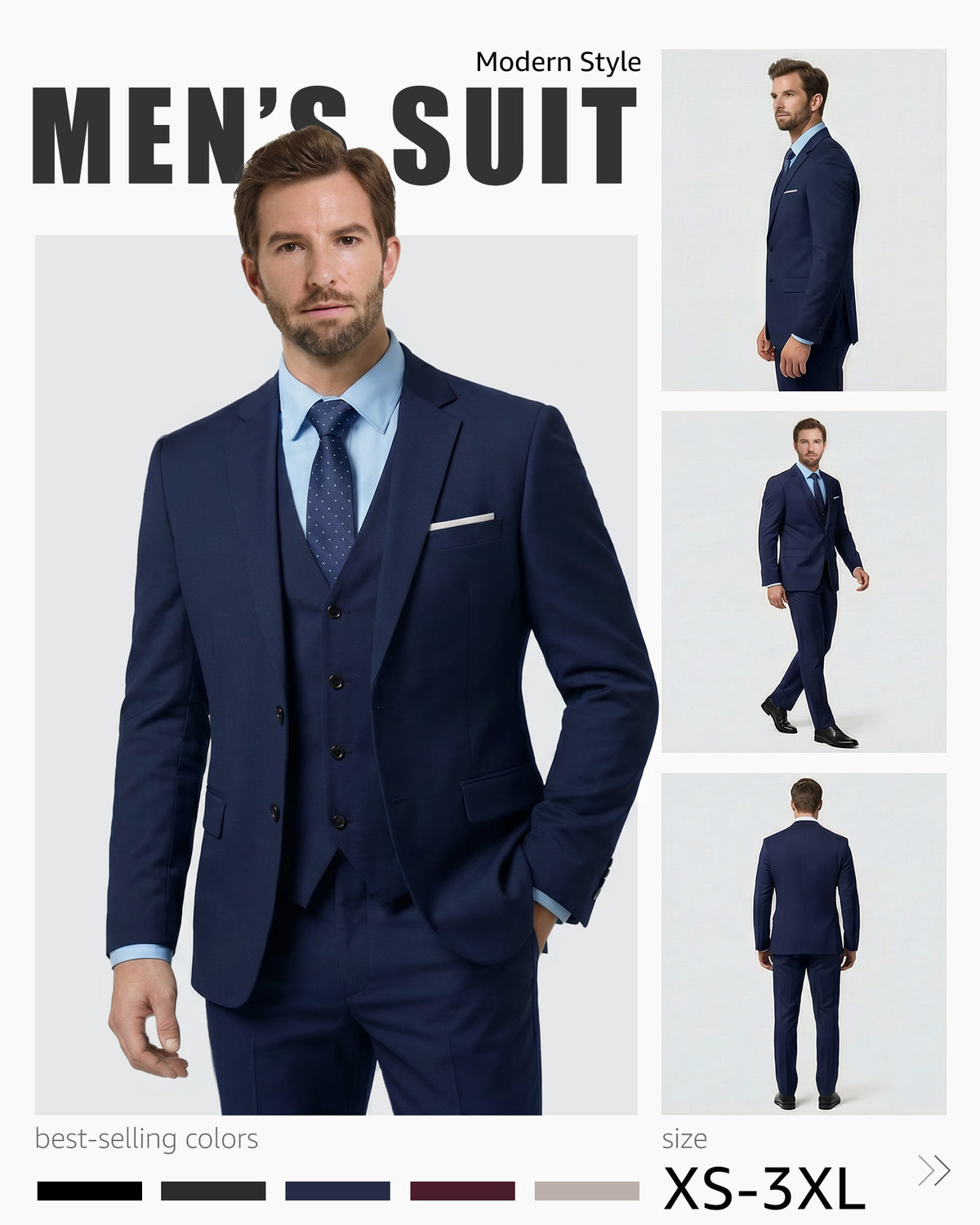 two-button suit jacket with a matching vest and pants