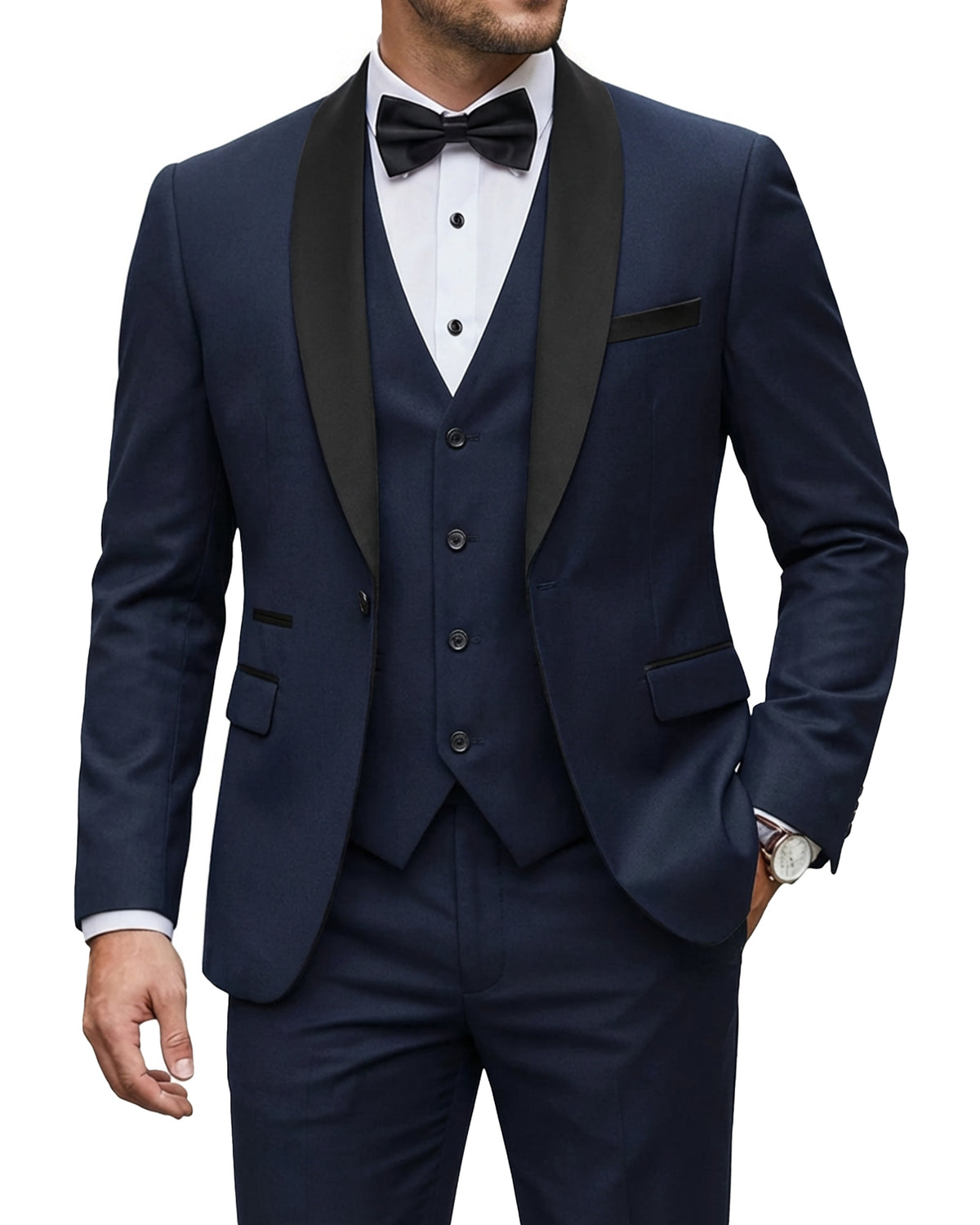 one-button jacket, matching vest, and pants.