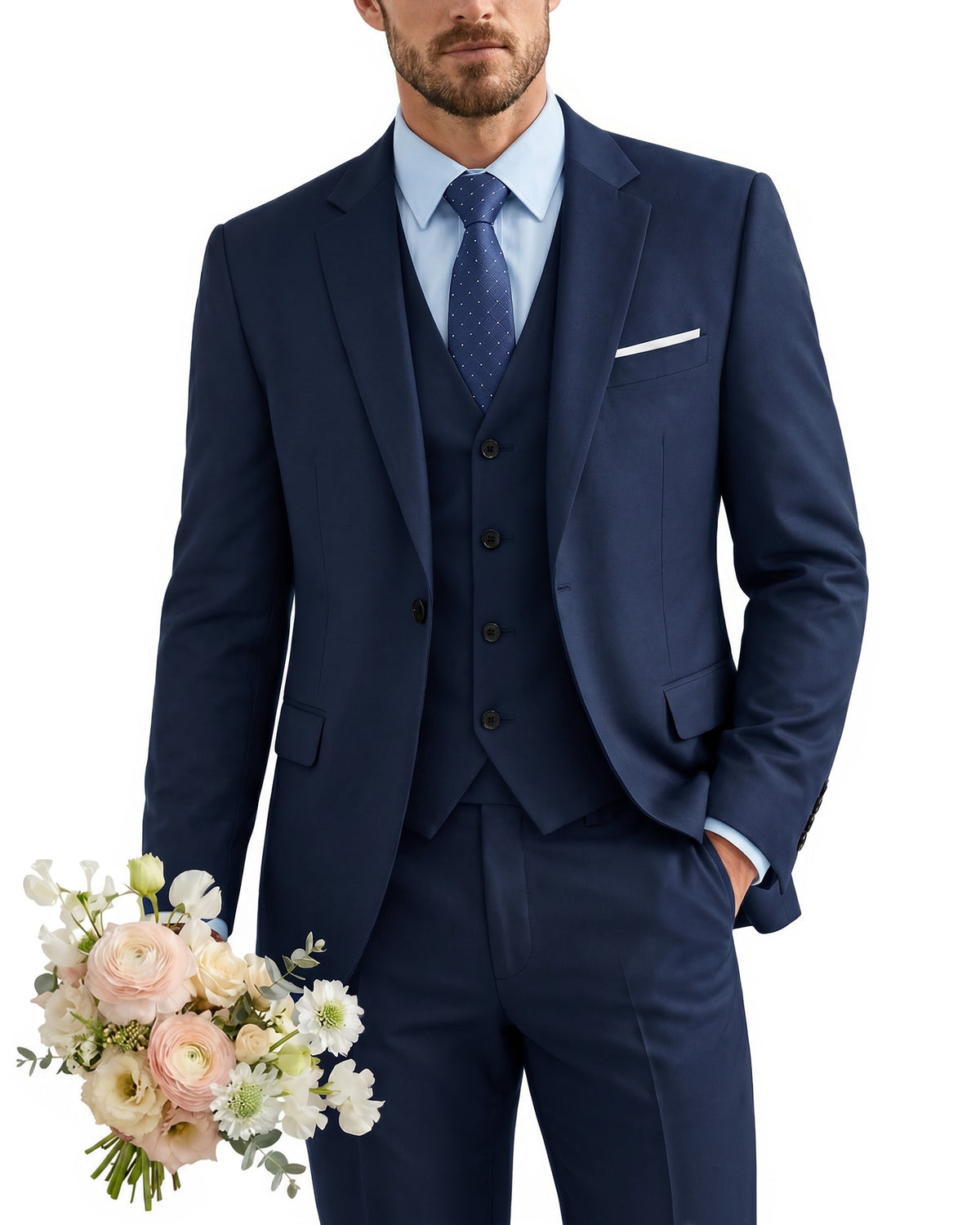 one-button suit includes a jacket, vest, pants