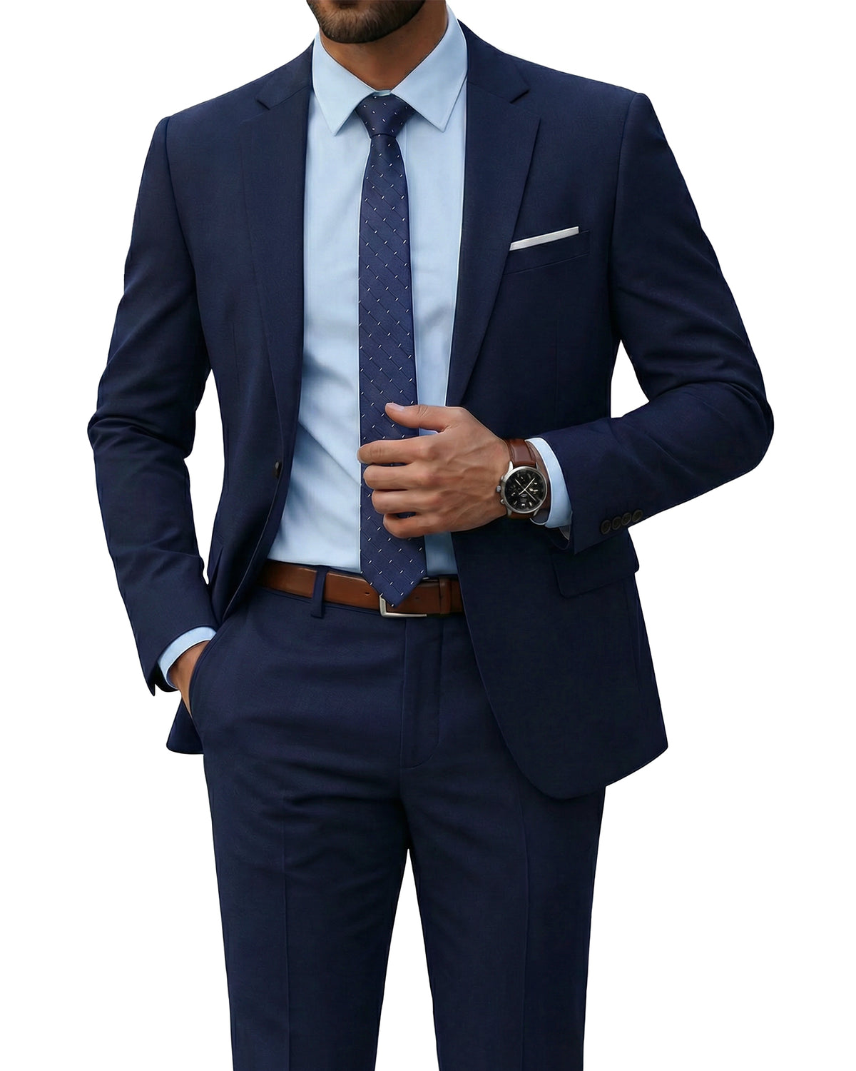 one-button suit jacket paired with a pair of pants