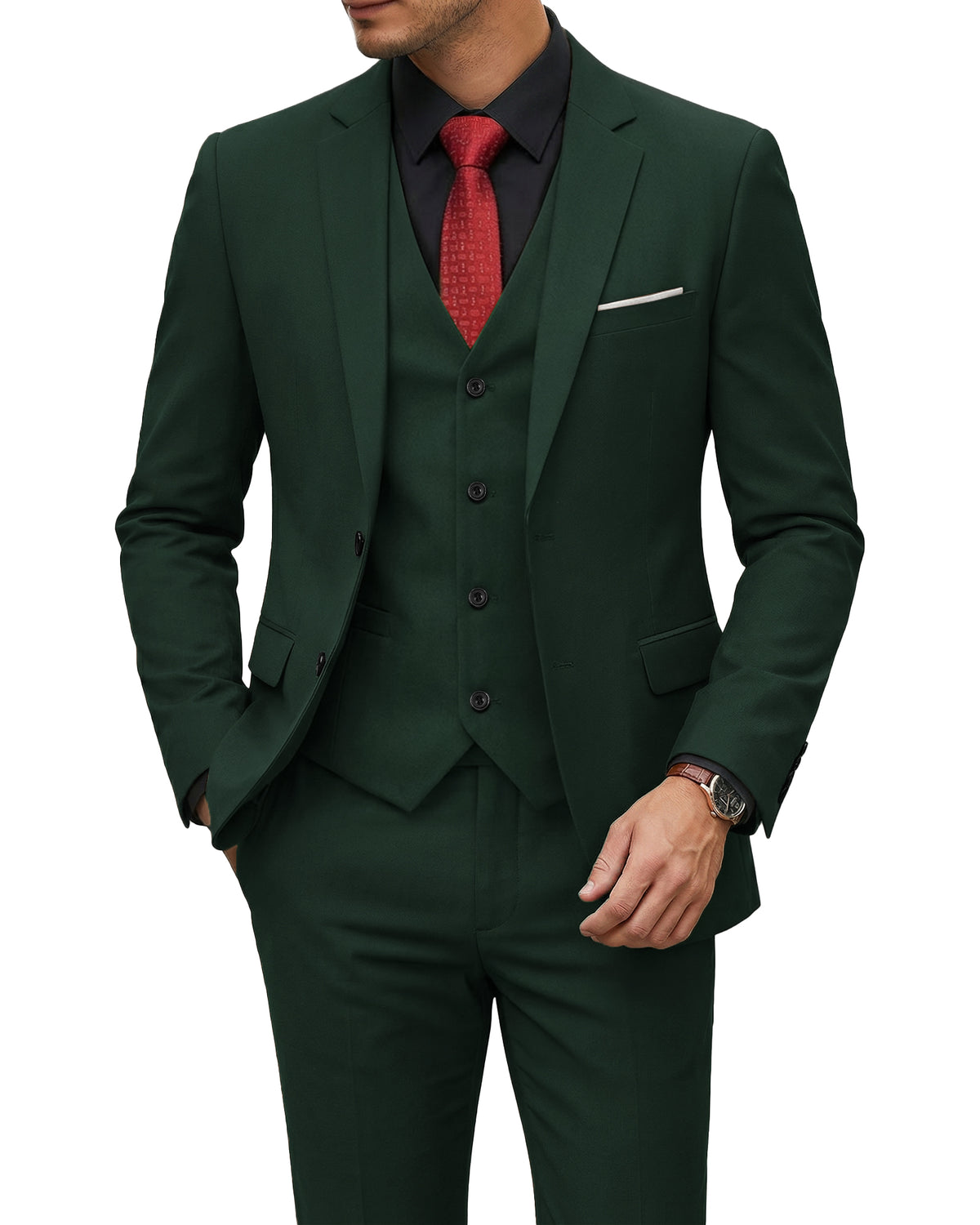two-button suit jacket with a matching vest and pants