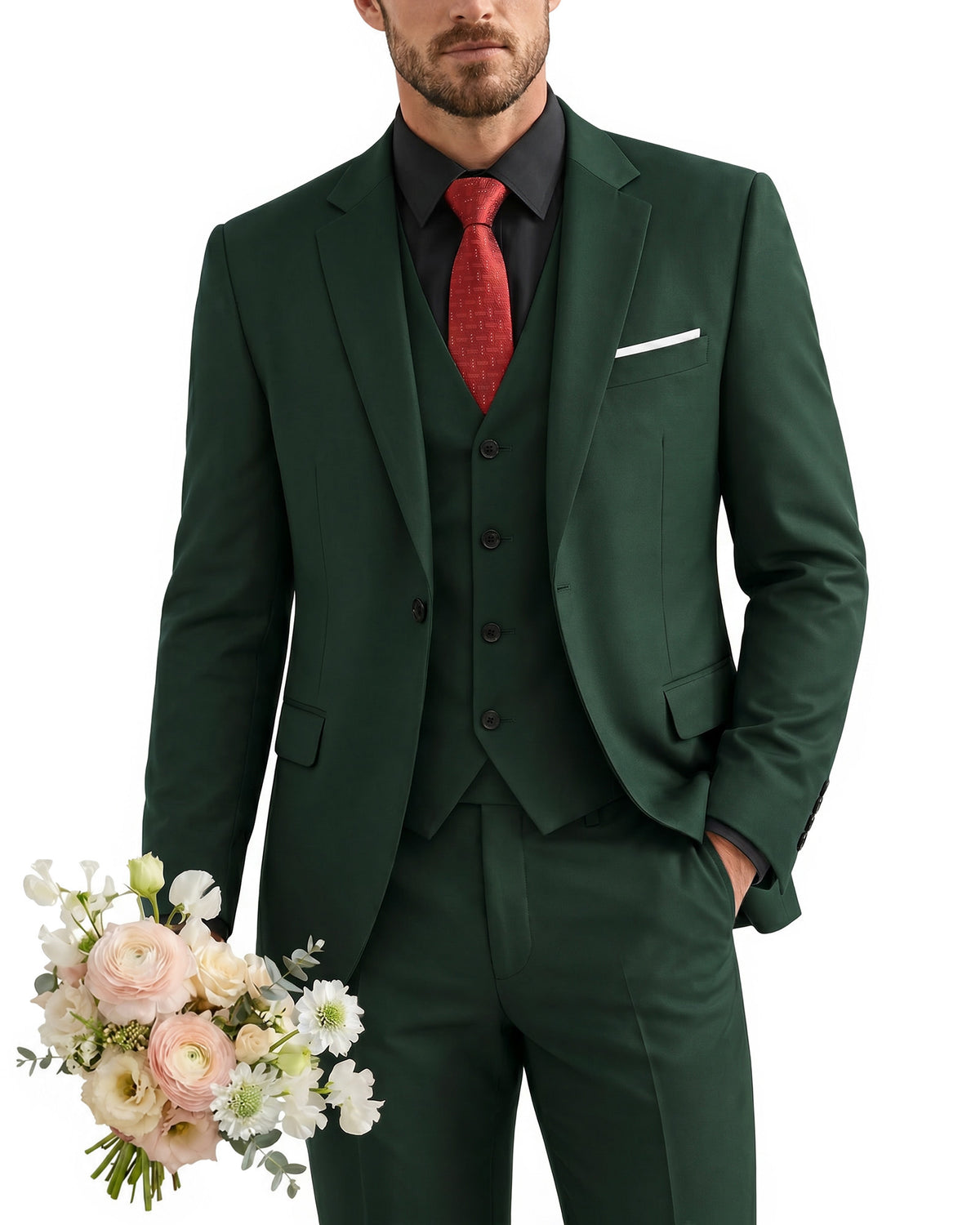 one-button suit includes a jacket, vest, pants