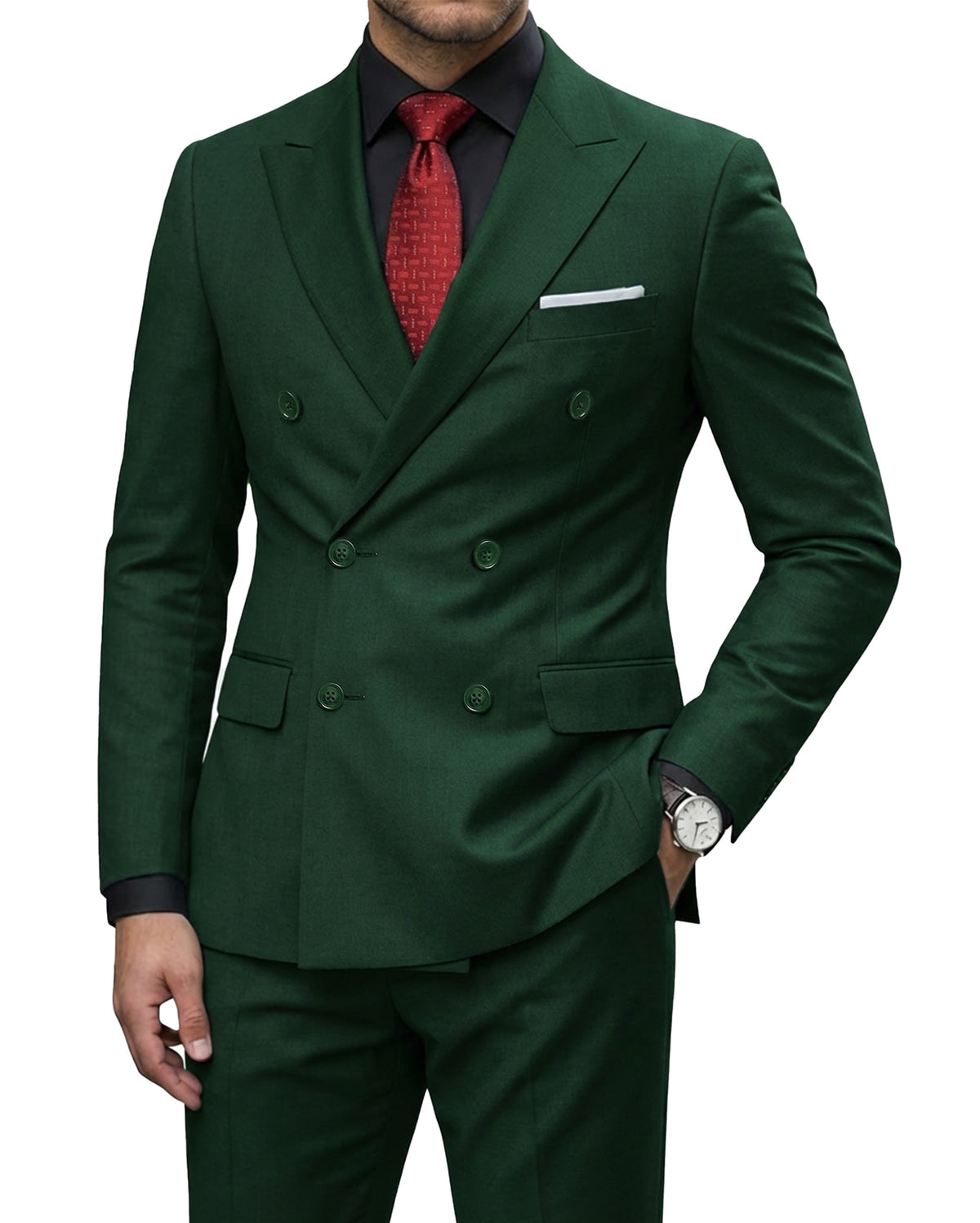 double-breasted suit jacket paired with a pair of pants